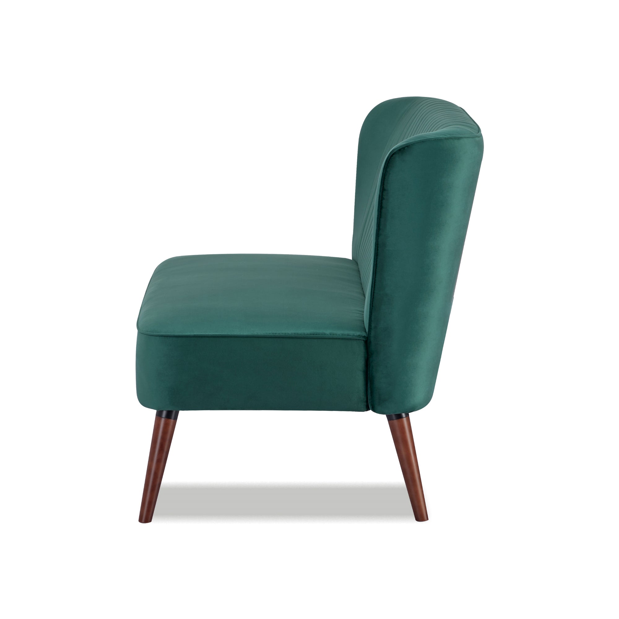 Hollywood Loveseat in Velvet Green shown from the side with a deep cushioned seat, tall curved backrest, armless profile, and tapered brown legs