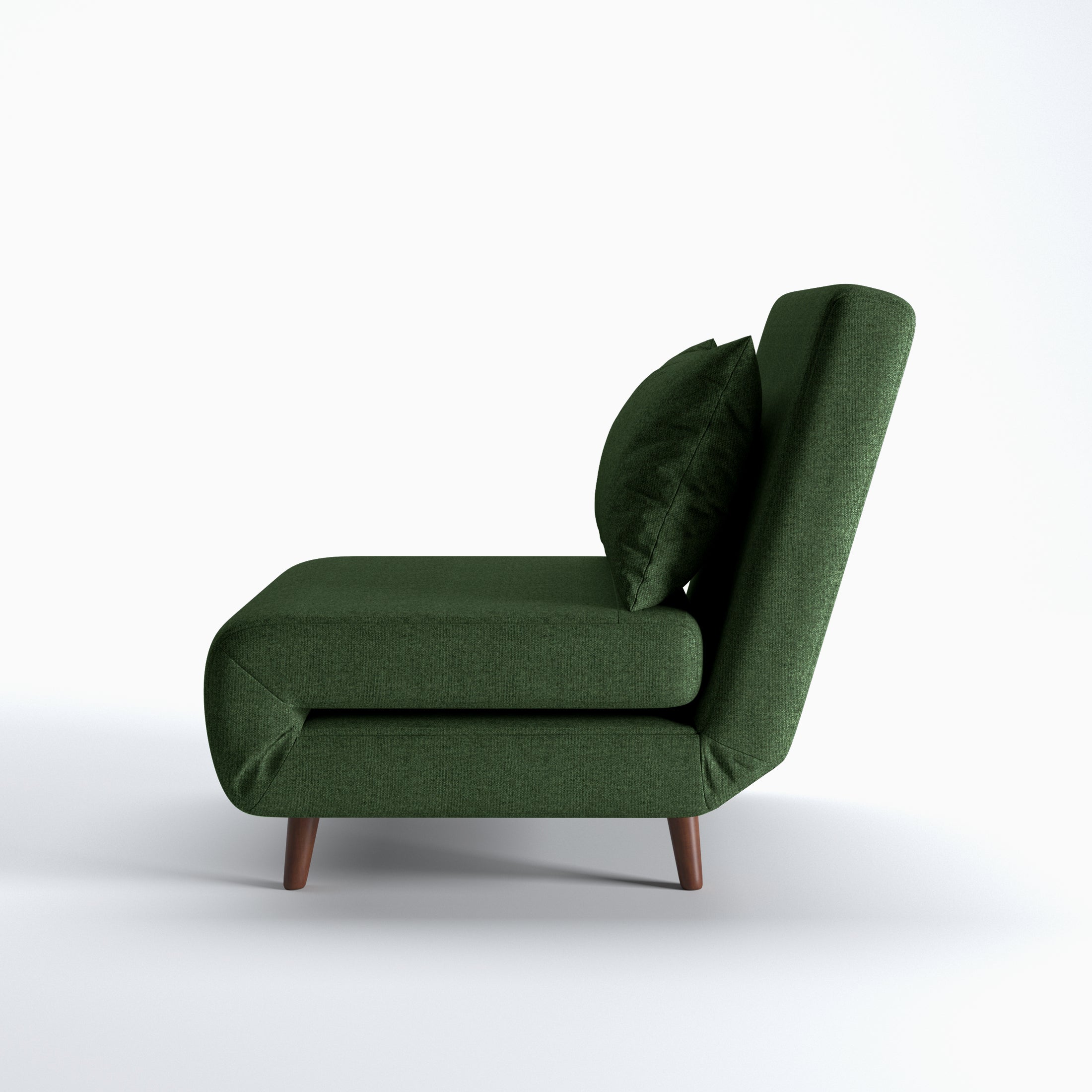 Tustin Convertible Chair in Green shown from the side with a thick cushioned seat, reclining backrest, matching lumbar pillow, and tapered dark brown wood legs.