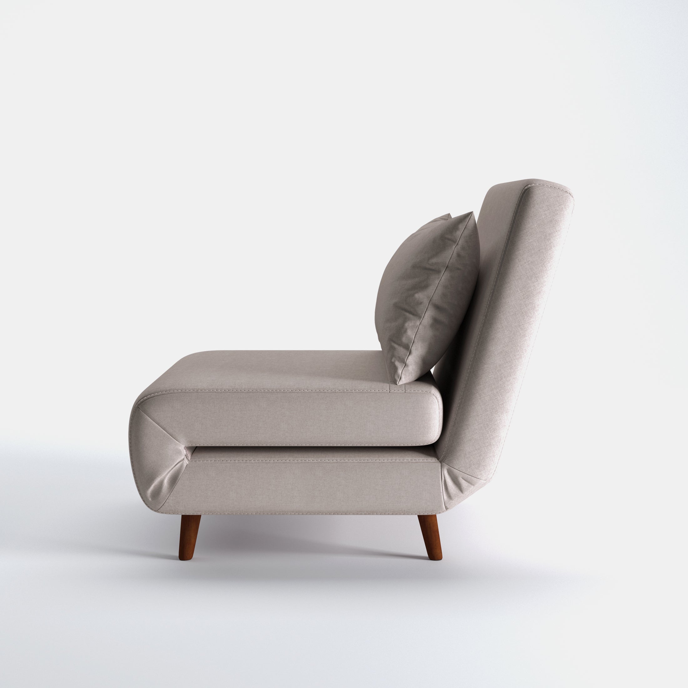 Tustin Convertible Chair in Beige shown from the side with a thick cushioned seat, reclining backrest, matching lumbar pillow, and tapered dark brown wood legs.