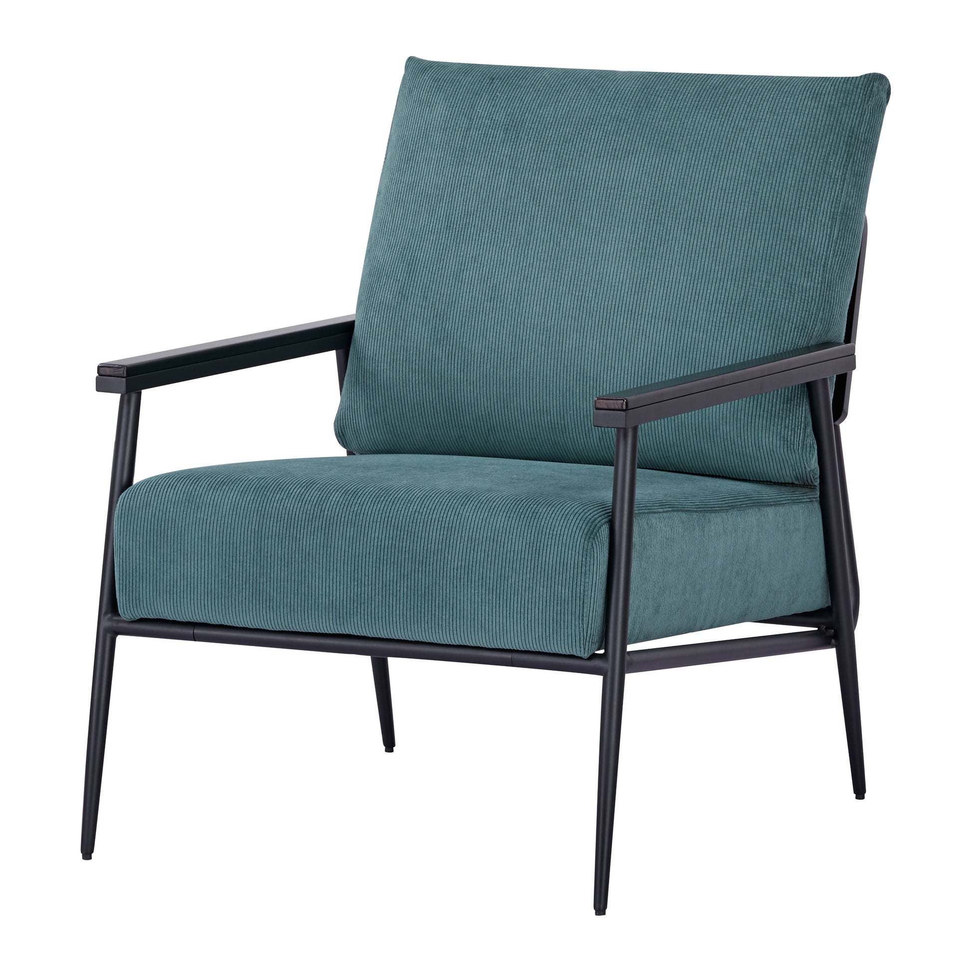 Parker Accent Chair in Corduroy Green shown from a front angle, highlighting its broad cushions, ribbed corduroy texture, open arms, and black metal frame