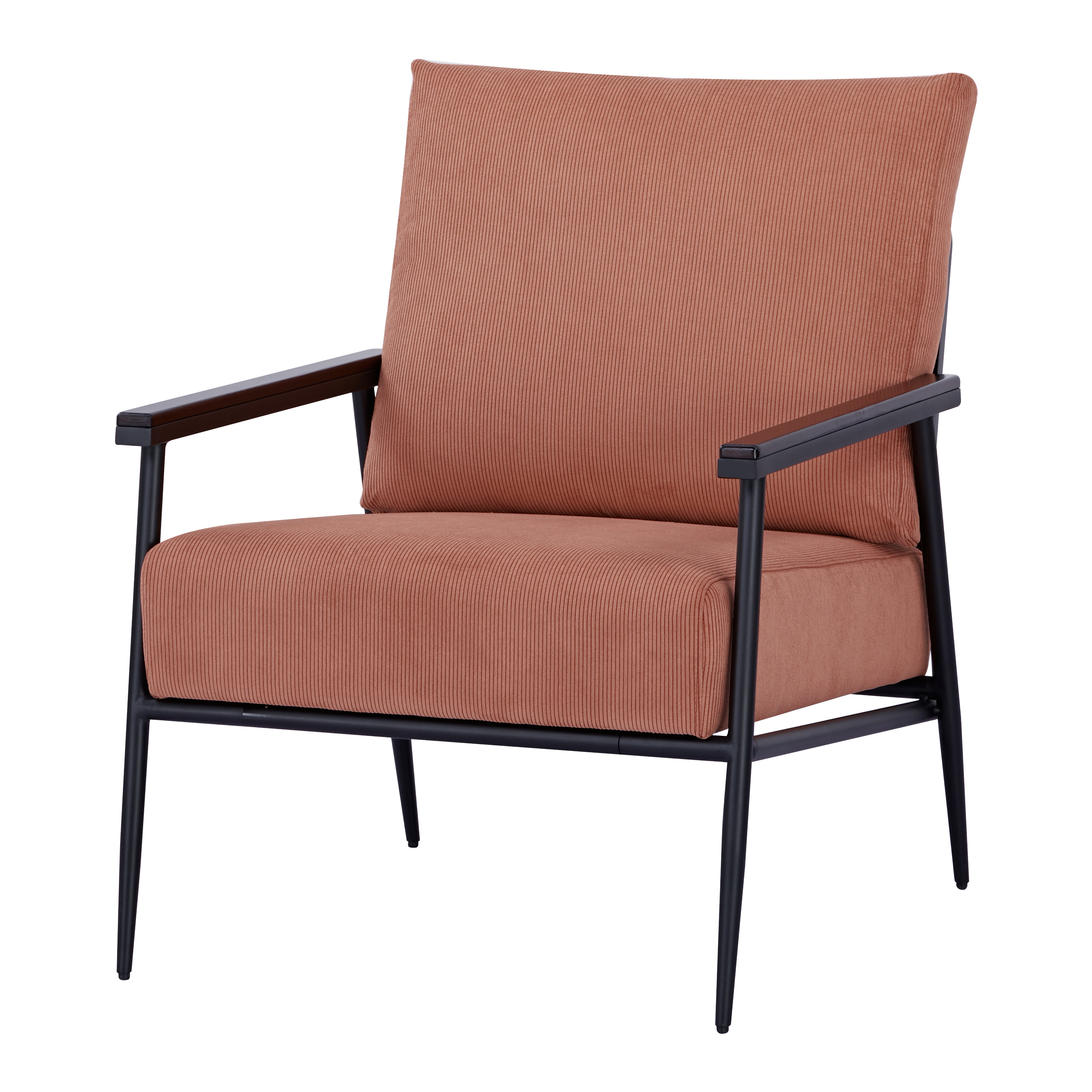 Parker Accent Chair in Corduroy Orange shown from a front angle, highlighting its broad cushions, ribbed corduroy texture, open arms, and black metal frame