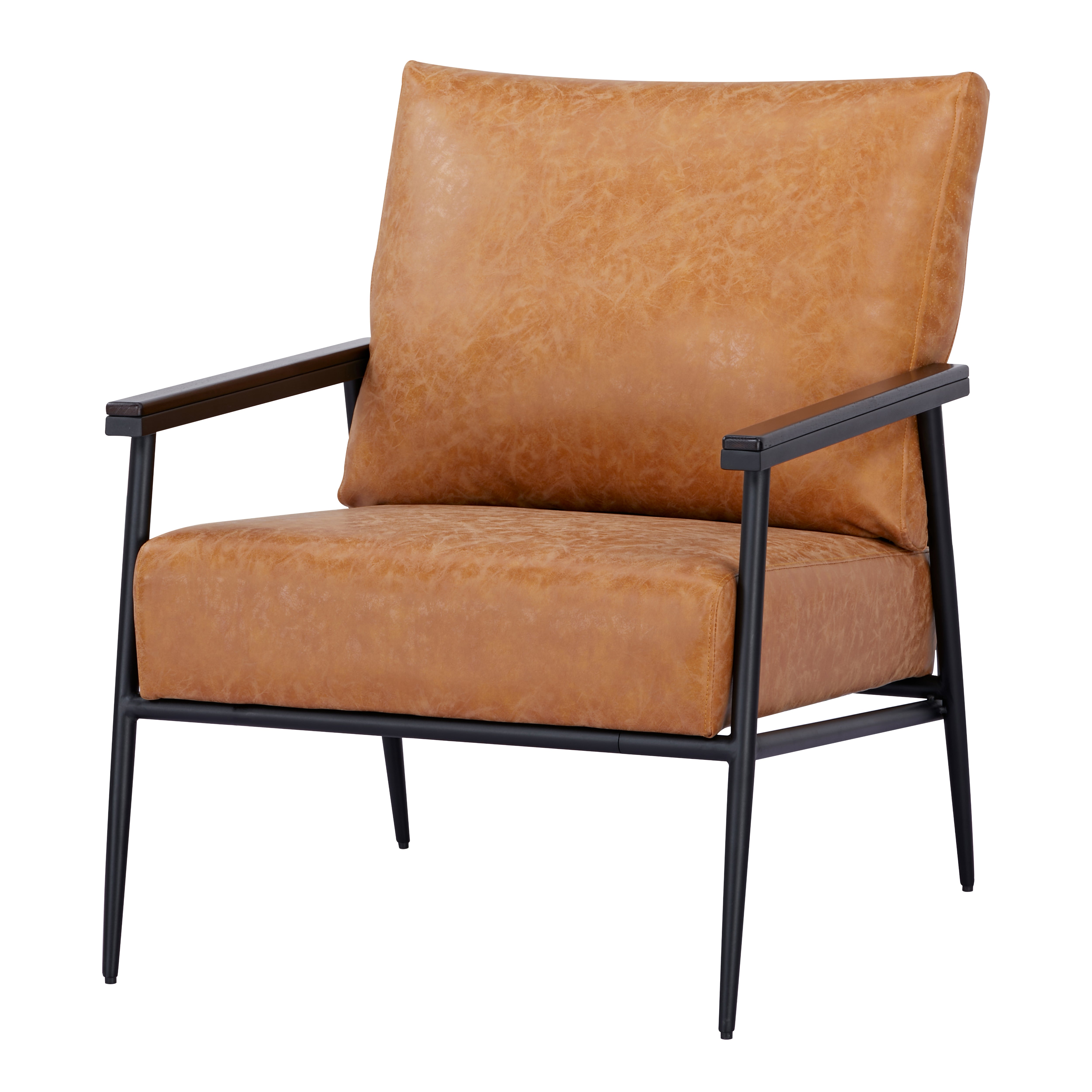 Parker Accent Chair in Faux Leather Camel shown from a front angle, highlighting its broad cushions, textured faux leather, open arms, and black metal frame