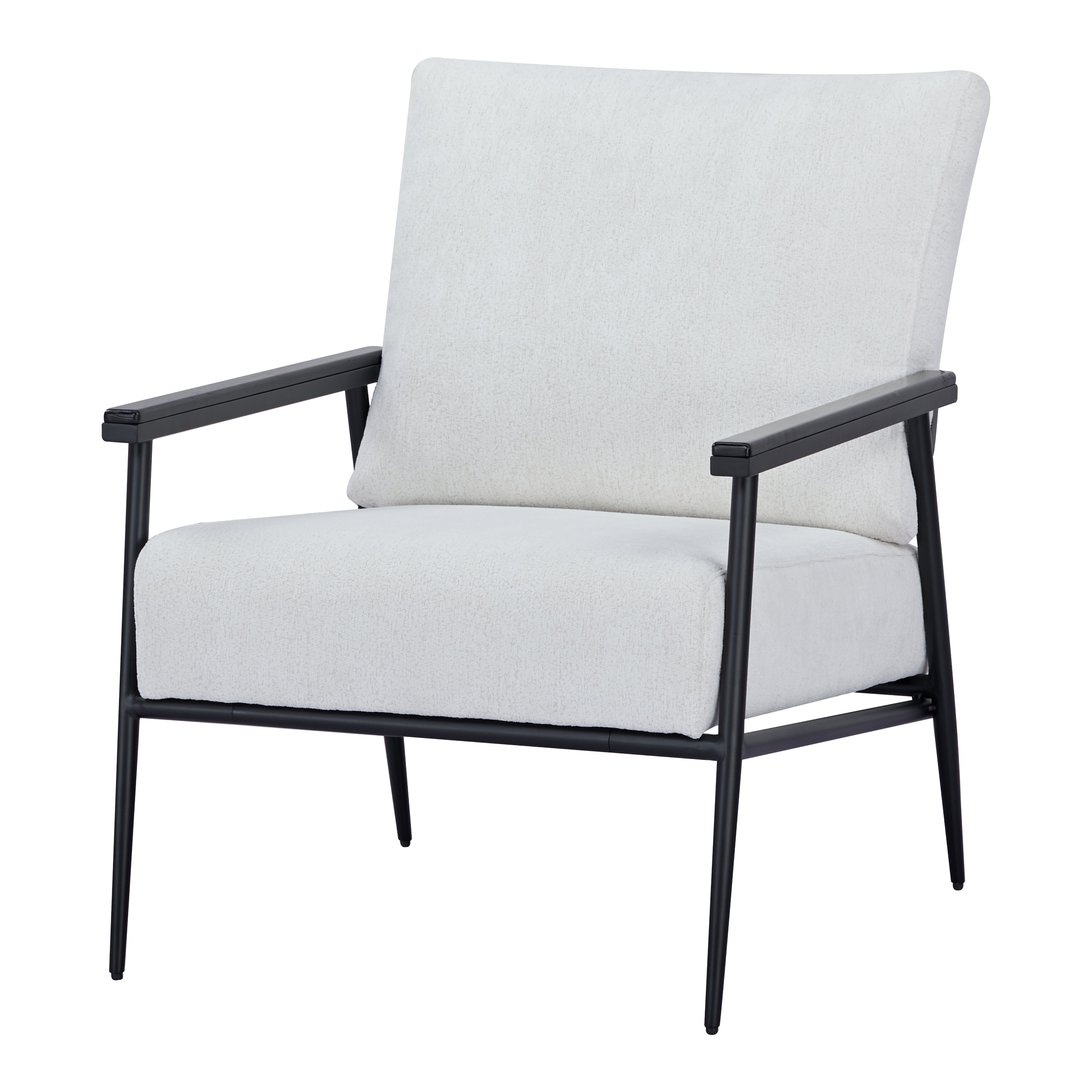 Parker Accent Chair in Sherpa Ivory shown from a front angle, highlighting its textured upholstery, broad cushions, straight armrests, and black metal frame