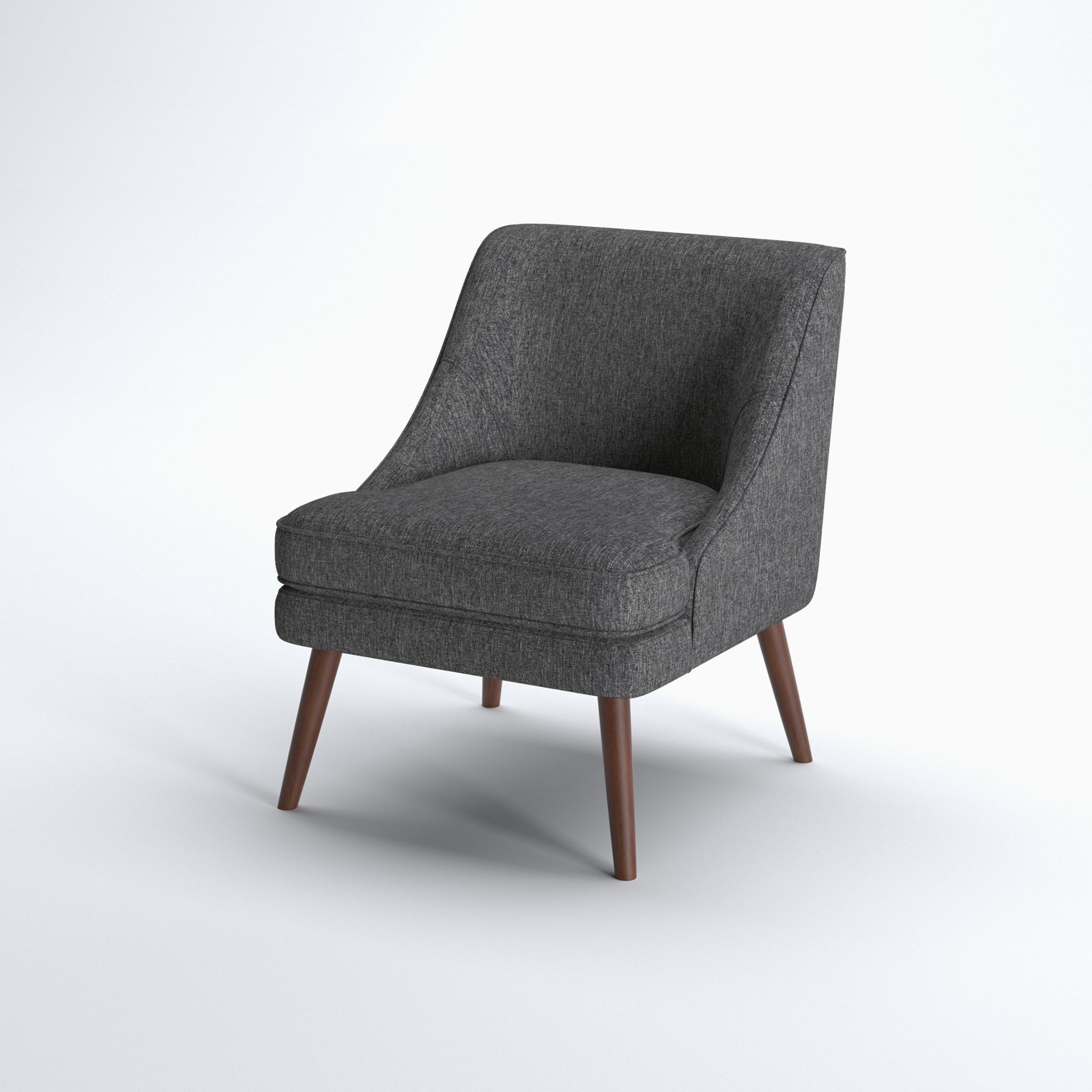 Dana Accent Chair in Faux Linen Dark Gray shown from a front angle, highlighting its curved silhouette, wide cushioned seat, faux linen upholstery, and tapered legs