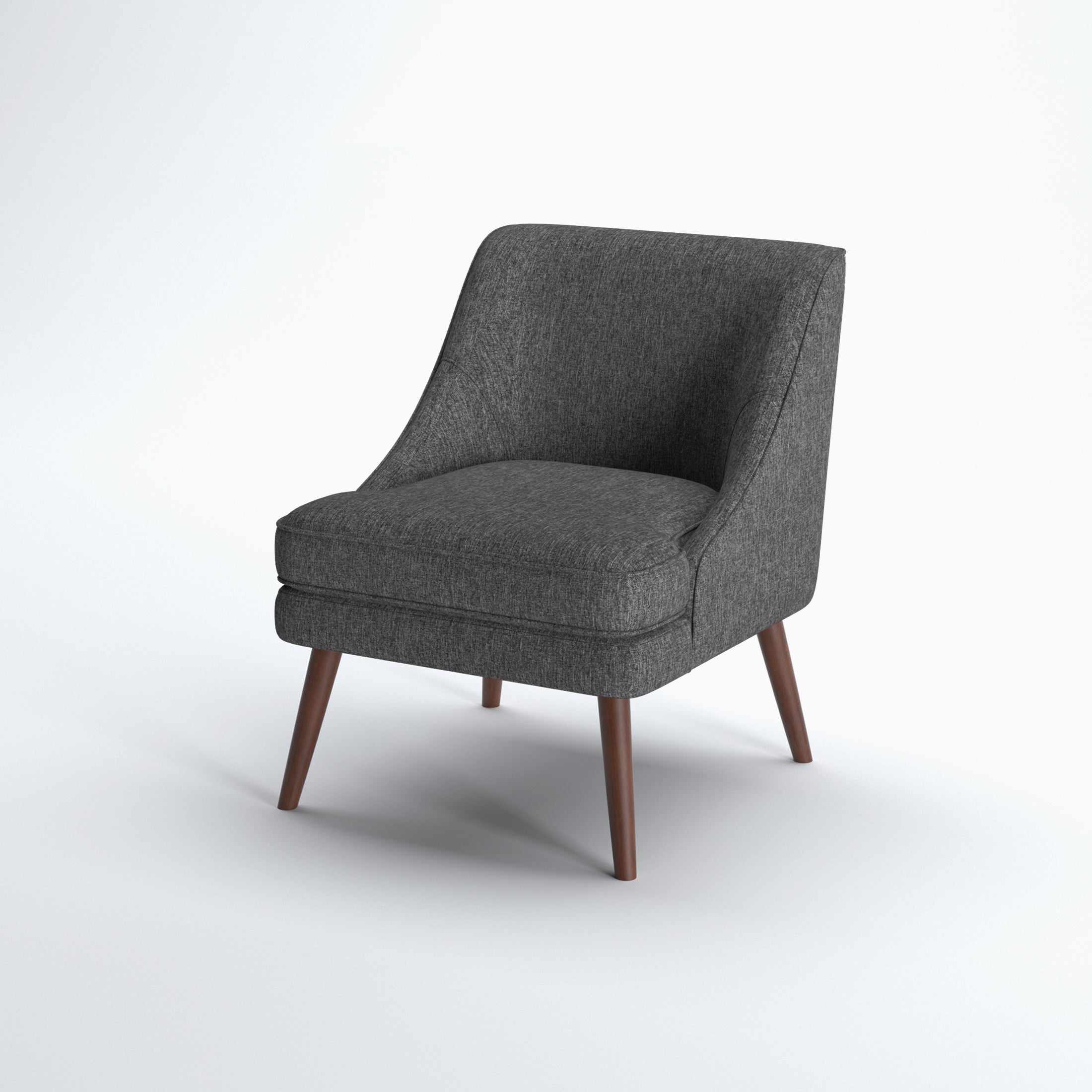 Dana Accent Chair in Faux Linen Dark Gray shown from a front angle, highlighting its curved silhouette, wide cushioned seat, faux linen upholstery, and tapered legs