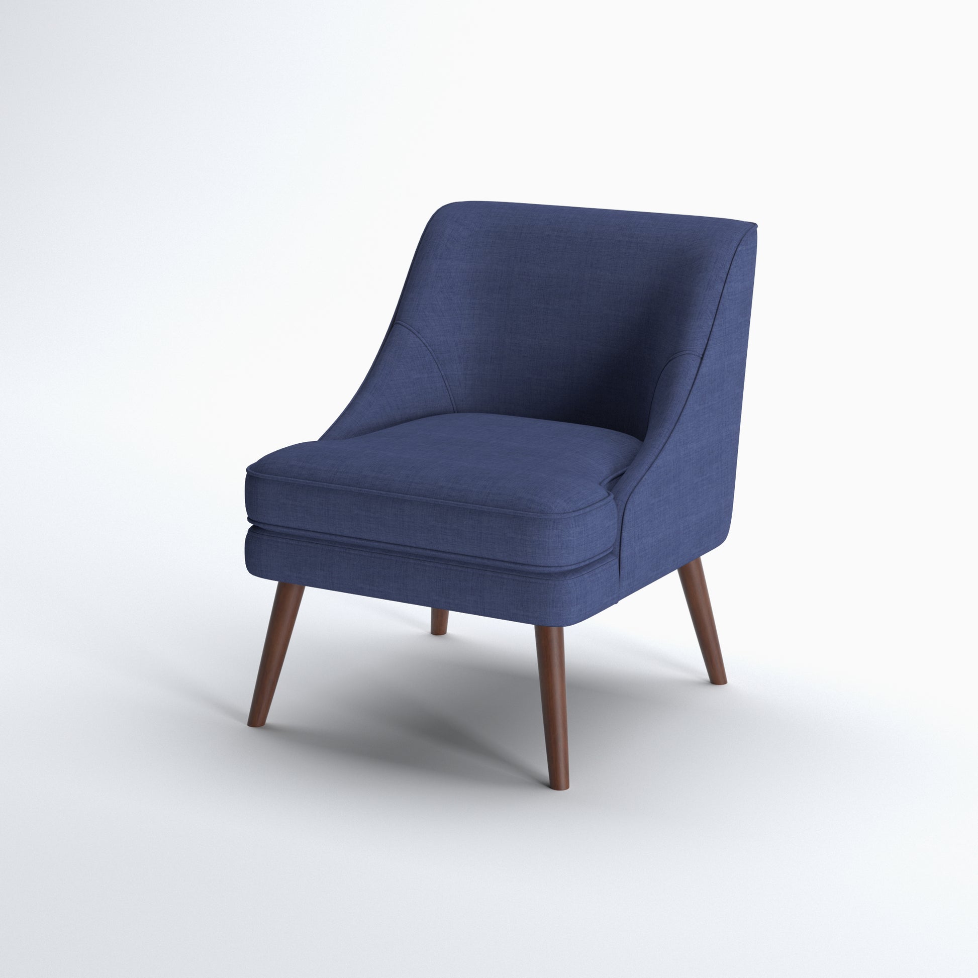 Dana Accent Chair in Faux Linen Blue shown from a front angle, highlighting its curved silhouette, wide cushioned seat, faux linen upholstery, and tapered legs