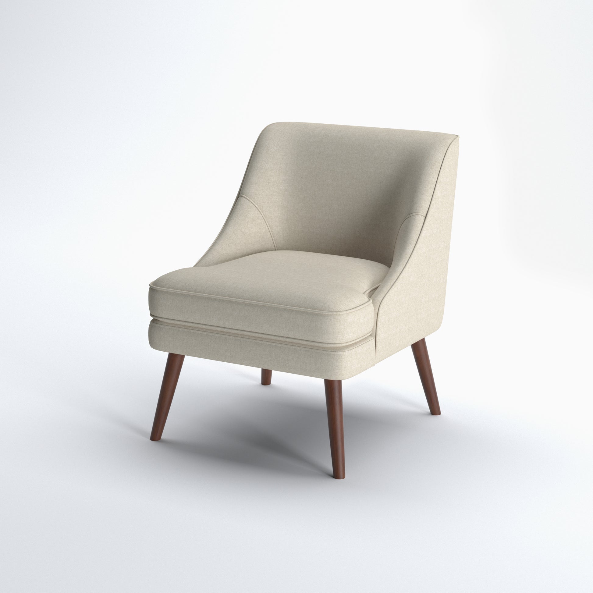 Dana Accent Chair in Faux Linen Beige shown from a front angle, highlighting its curved silhouette, wide cushioned seat, faux linen upholstery, and tapered legs
