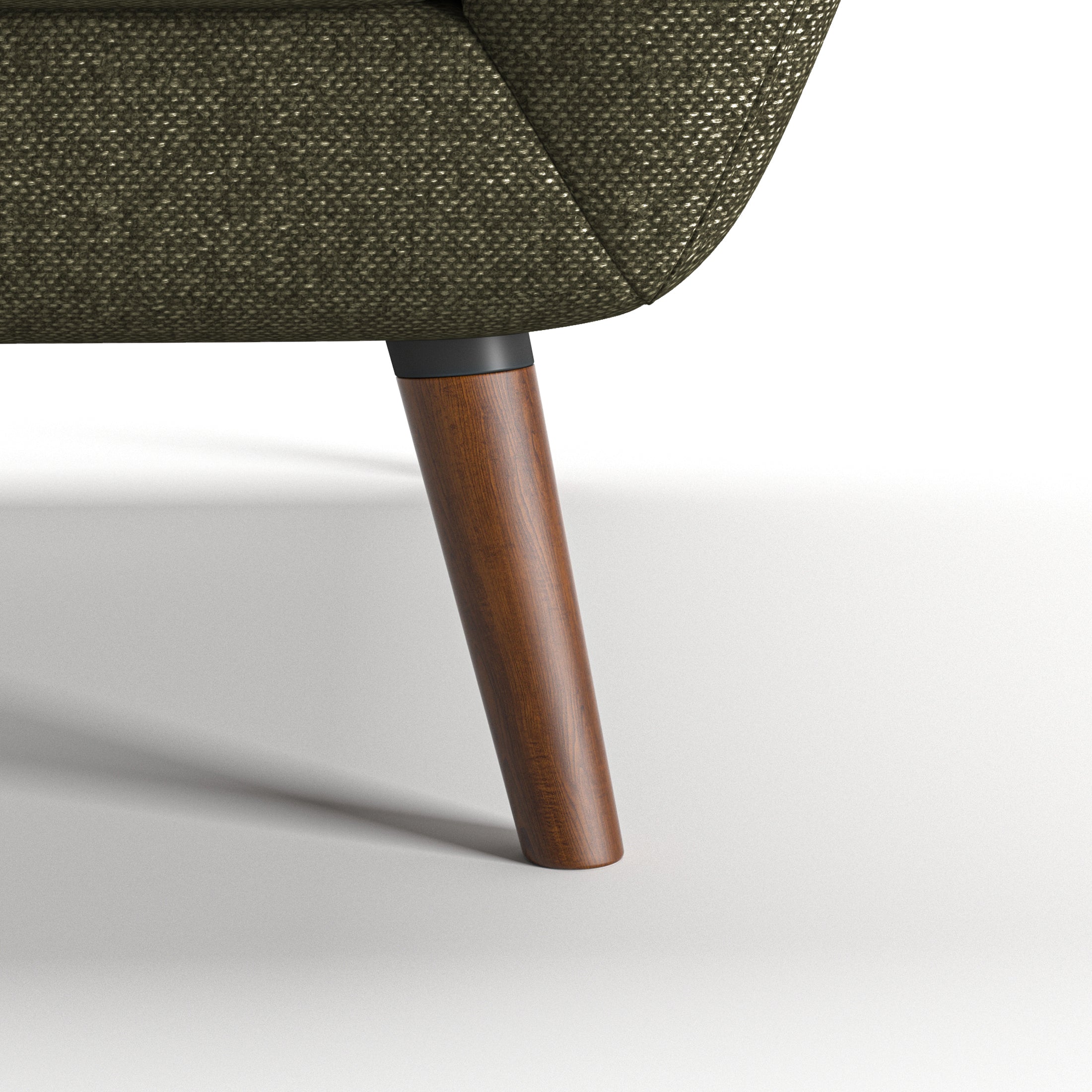Oakland Loveseat in Olive Green featuring a close-up of the tapered brown leg, dark connector, curved lower frame, and textured woven upholstery