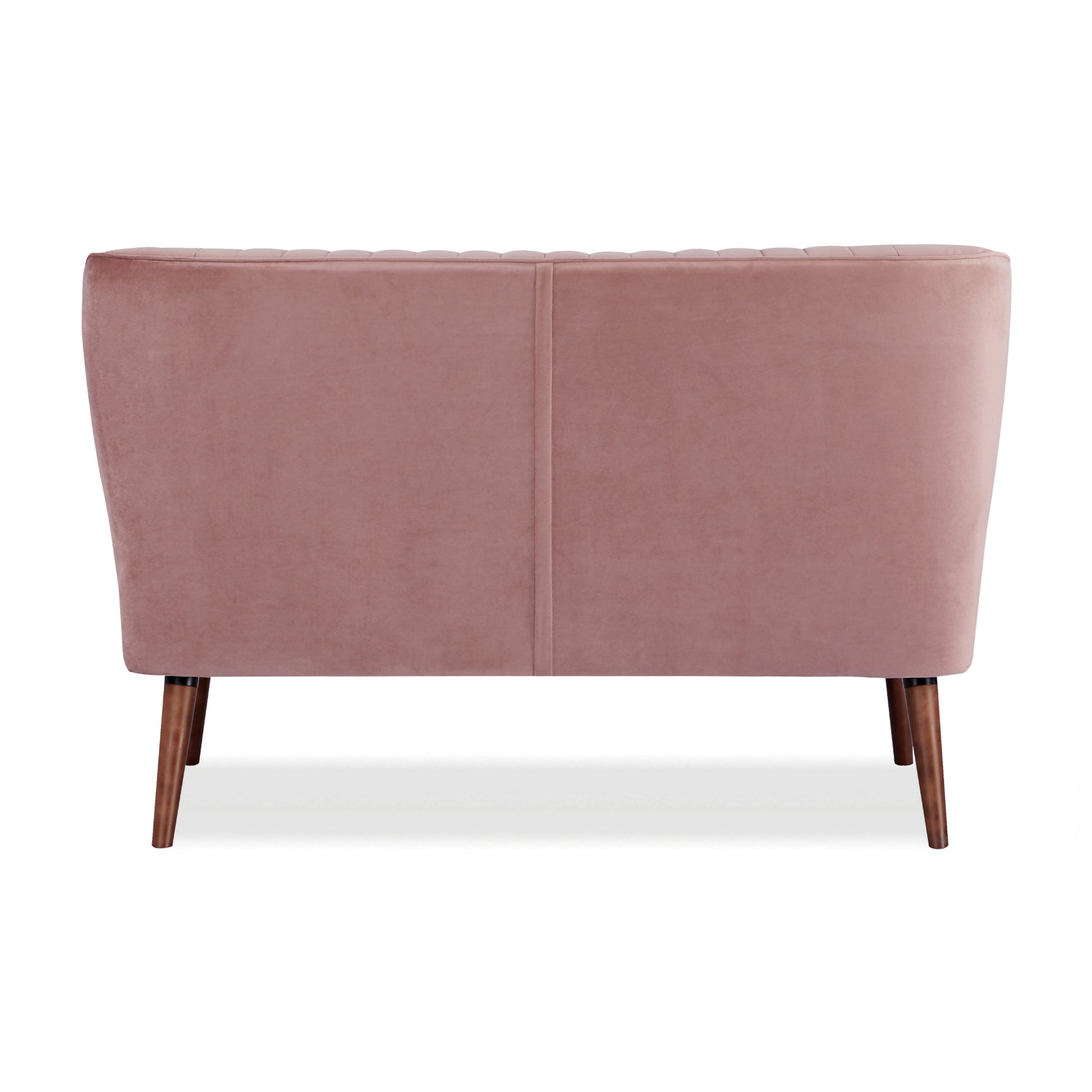 Hollywood Loveseat in Velvet Blush shown from the rear with a smooth blush velvet back panel, vertical center seam, and four angled brown legs