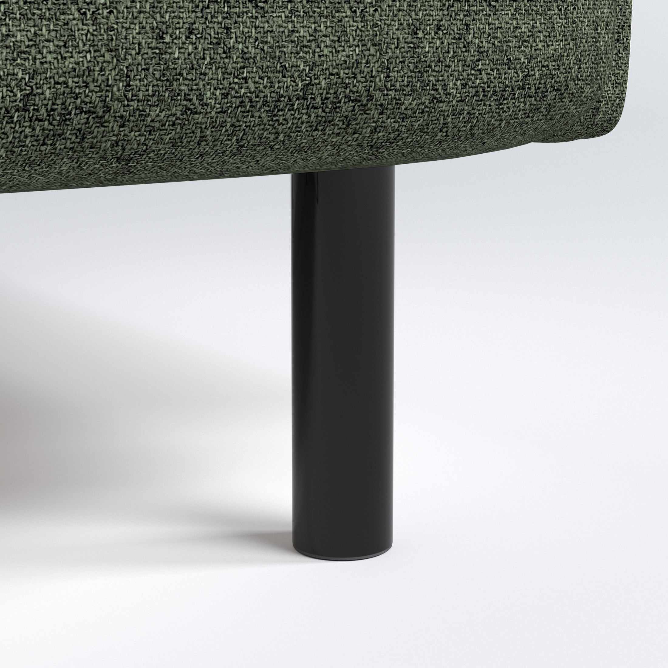 Metro Loveseat in Olive Green featuring a close-up of the black cylindrical leg beneath the rounded seat base and textured green upholstery
