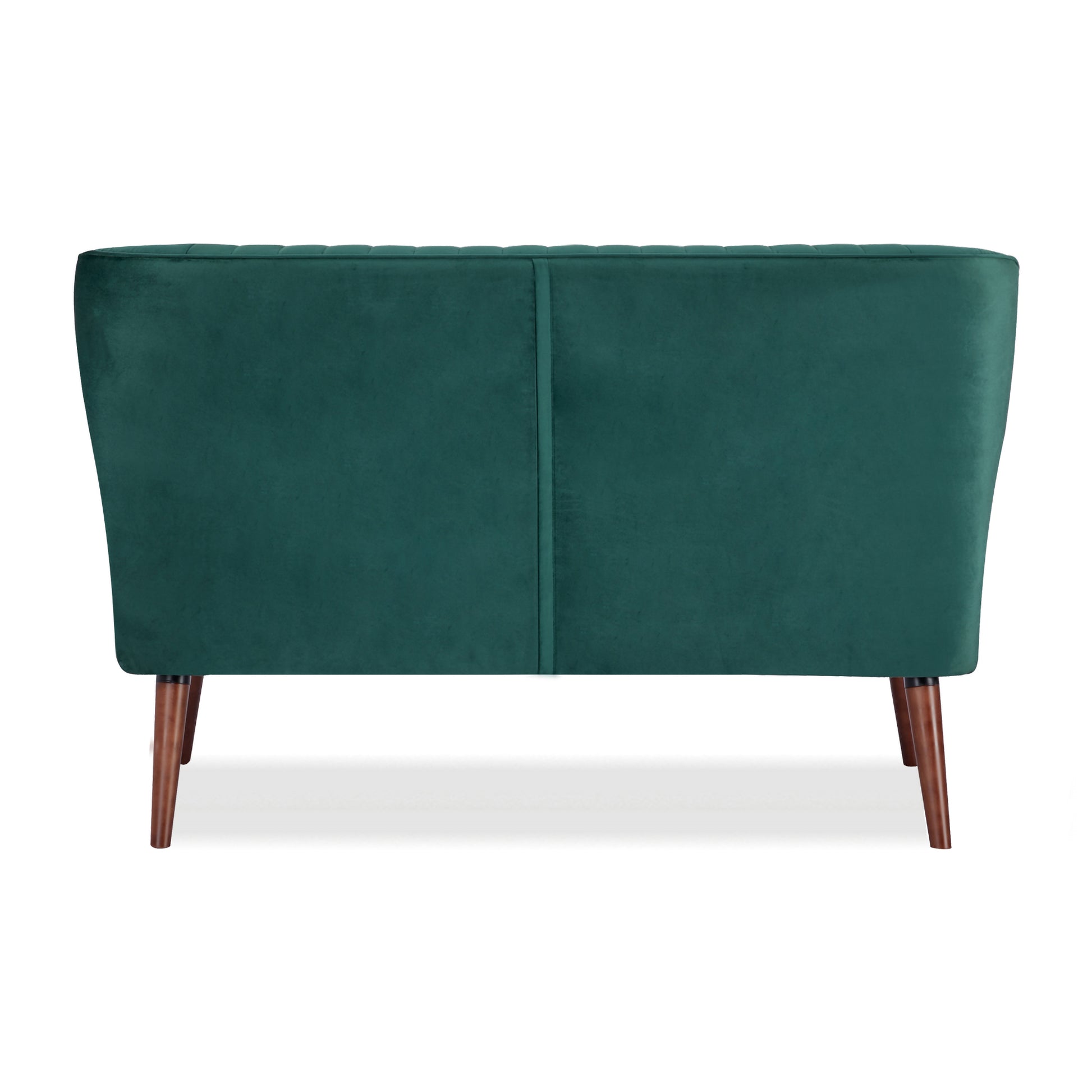 Hollywood Loveseat in Velvet Green shown from the rear with a smooth green velvet back panel, vertical center seam, and four angled brown legs