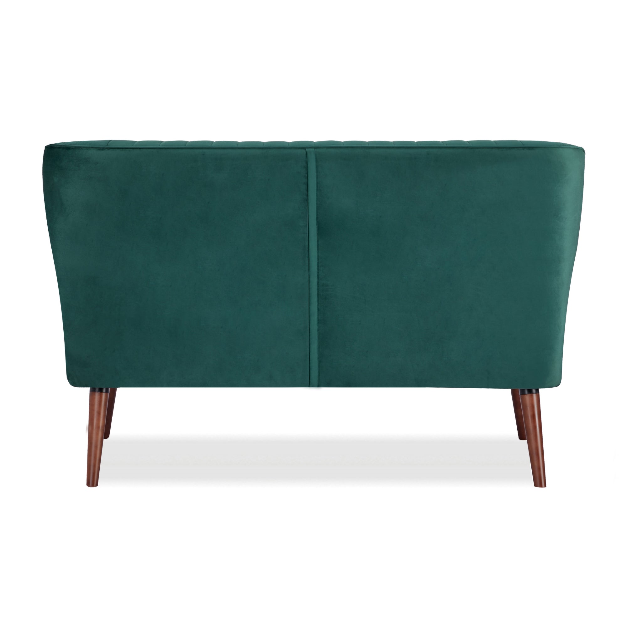 Hollywood Loveseat in Velvet Green shown from the rear with a smooth green velvet back panel, vertical center seam, and four angled brown legs
