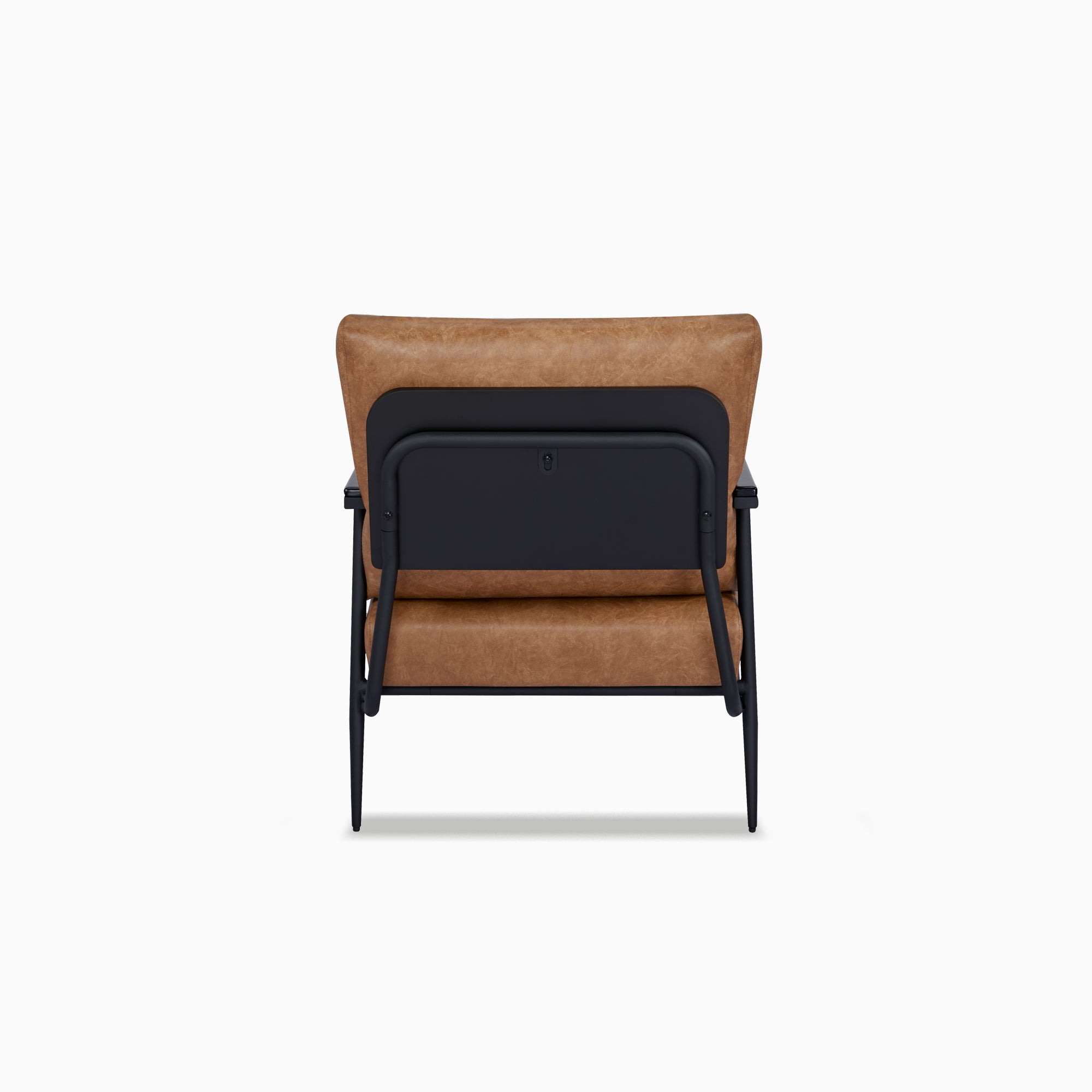 Parker Accent Chair in Faux Leather Light Brown shown from the rear with a light brown back cushion, visible mounting panel, curved supports, and slim black legs