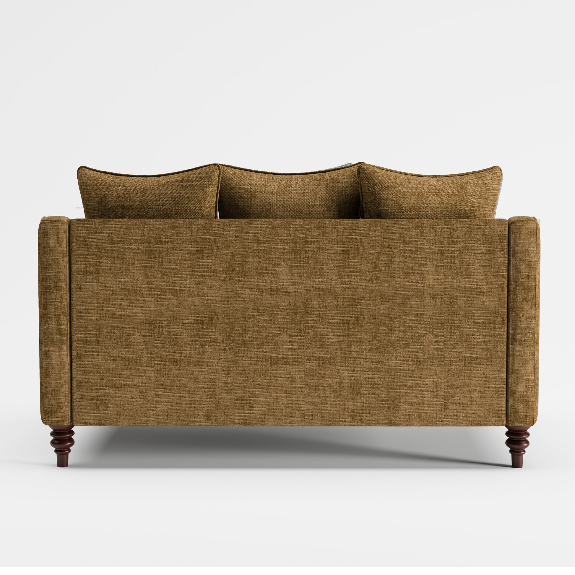 Madison Loveseat in Caramel Brown shown from the rear with a broad upholstered back panel, three visible back cushions, slim arms, and turned dark brown legs.