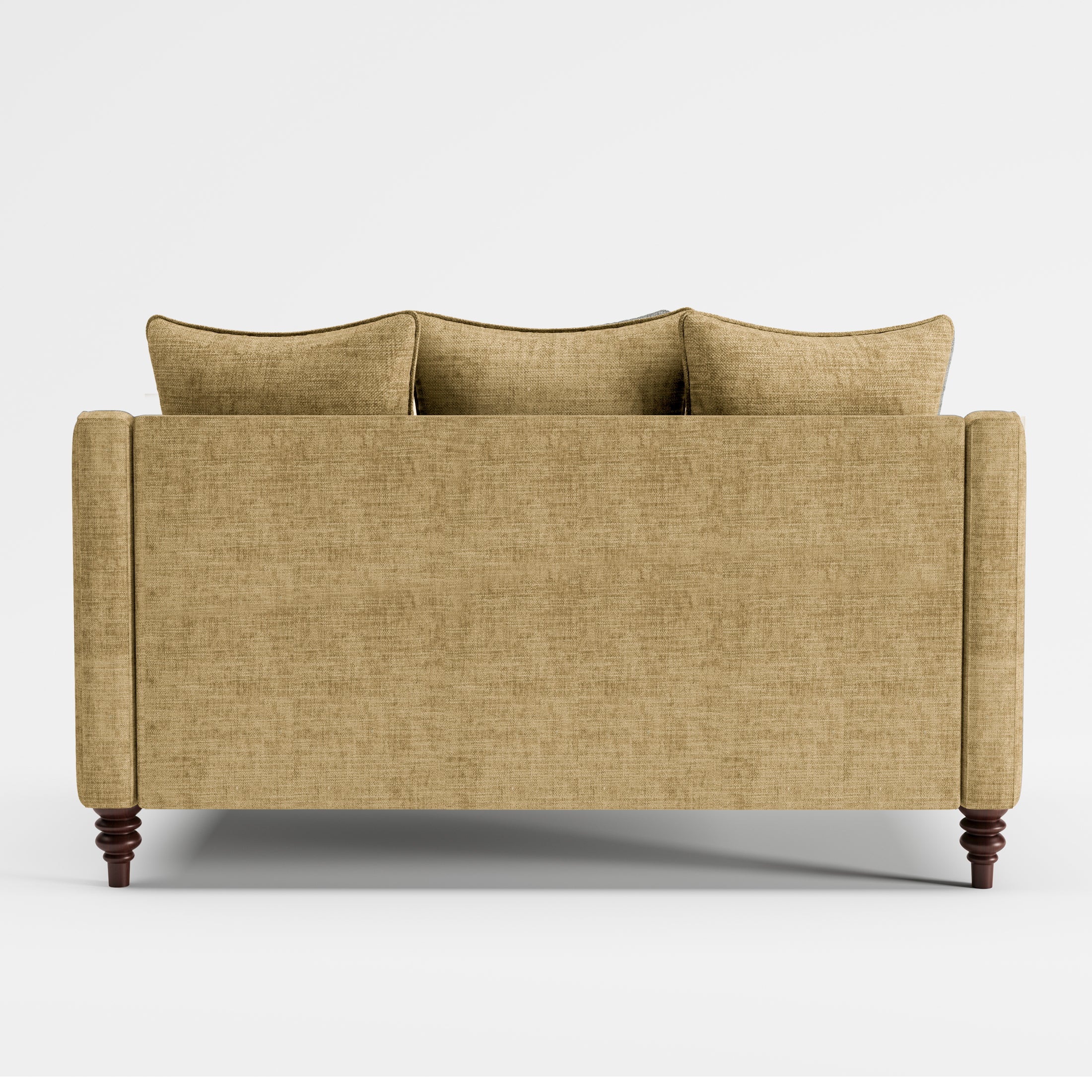 Madison Loveseat in Sand Beige shown from the rear with a broad upholstered back panel, three visible back cushions, slim arms, and turned dark brown legs.