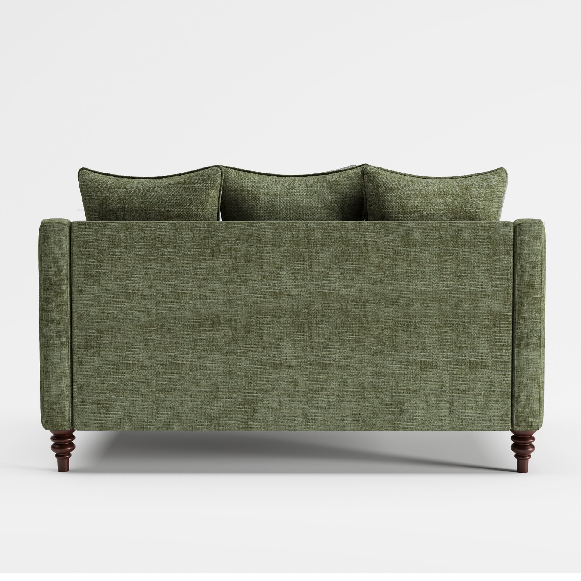Madison Loveseat in Sage Green shown from the rear with a broad upholstered back panel, three visible back cushions, slim arms, and turned dark brown legs.