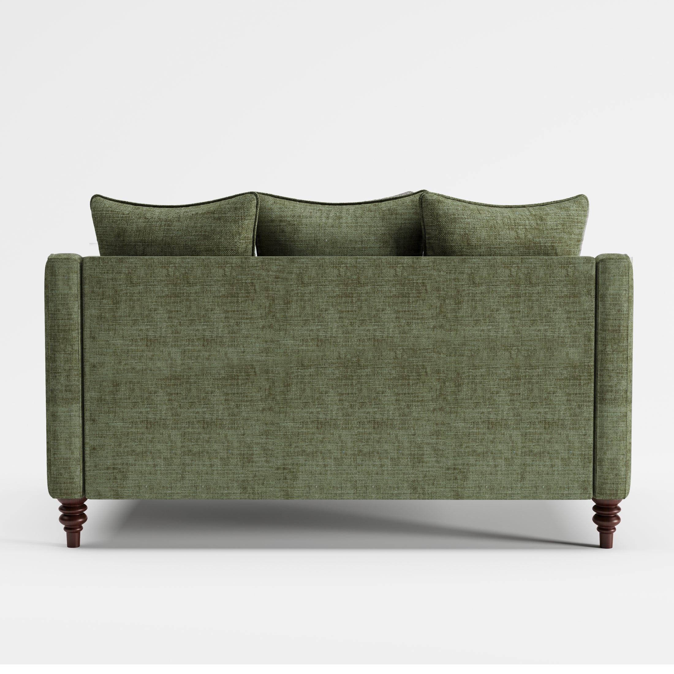 Madison Loveseat in Sage Green shown from the rear with a broad upholstered back panel, three visible back cushions, slim arms, and turned dark brown legs.