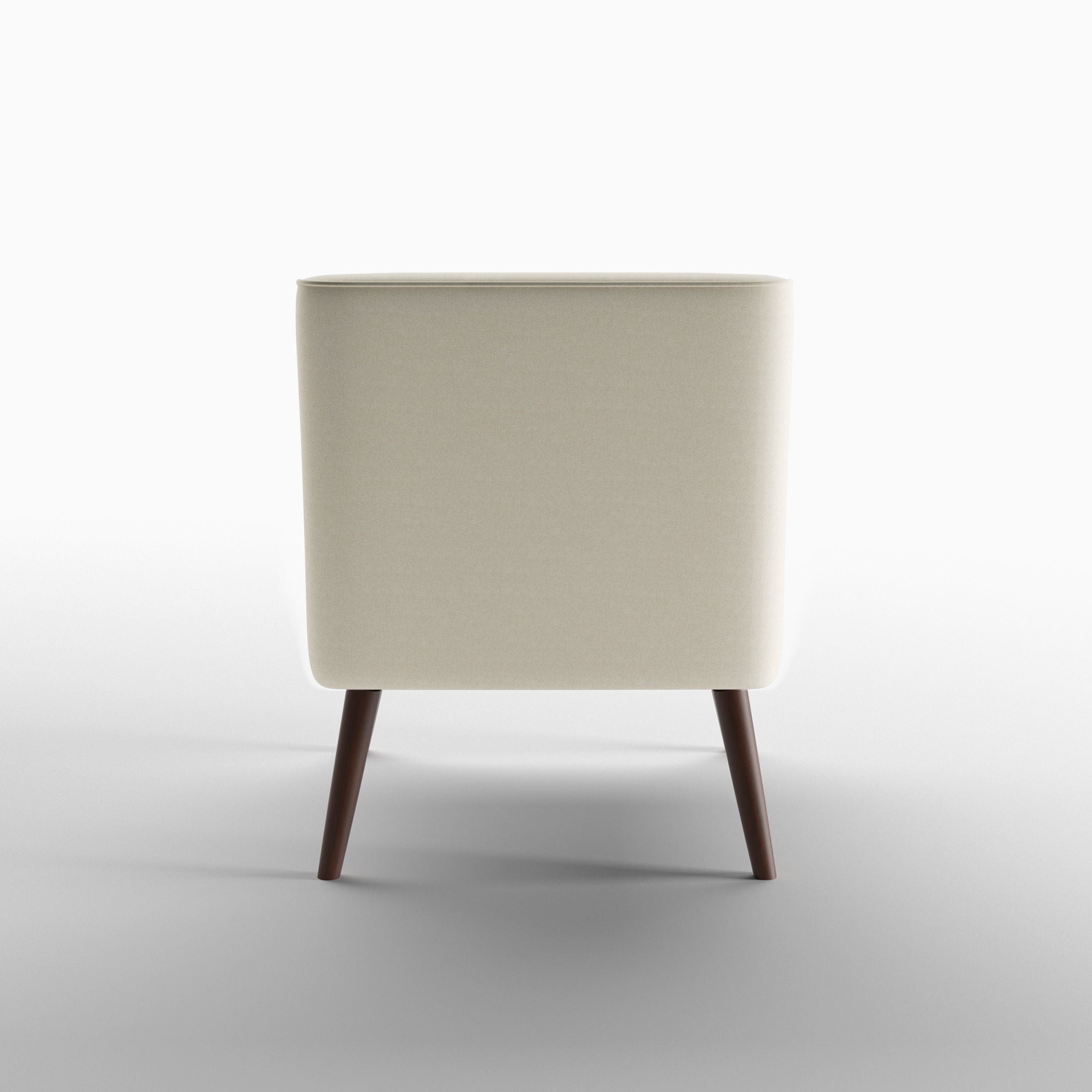 Dana Accent Chair in Faux Linen Beige shown from the rear, featuring a fully upholstered curved back panel with piped edging and two tapered brown legs
