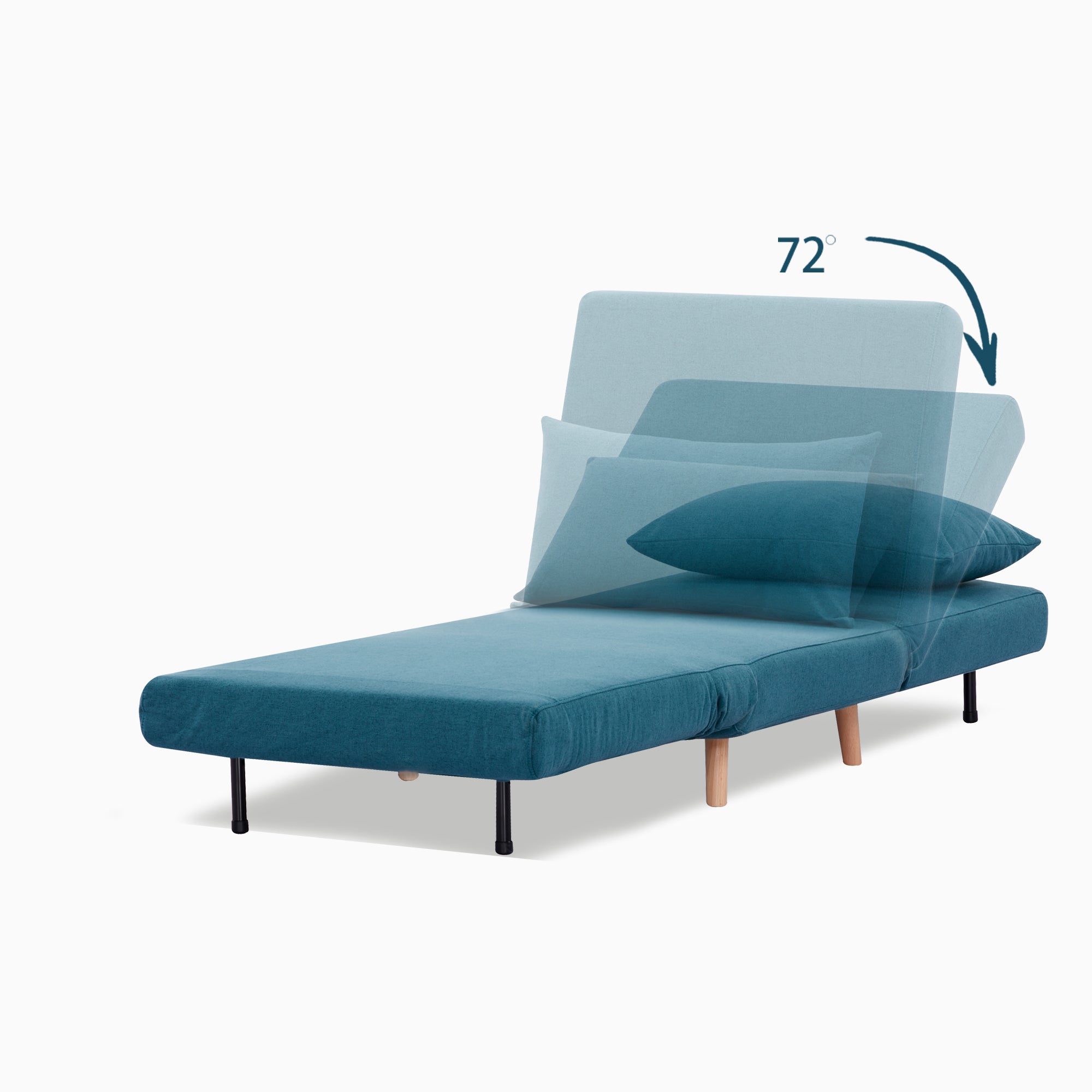 Tustin Convertible Chair in Peacock Blue shown in sleeper mode with a matching lumbar pillow and adjustable backrest reclining through a 72-degree range.
