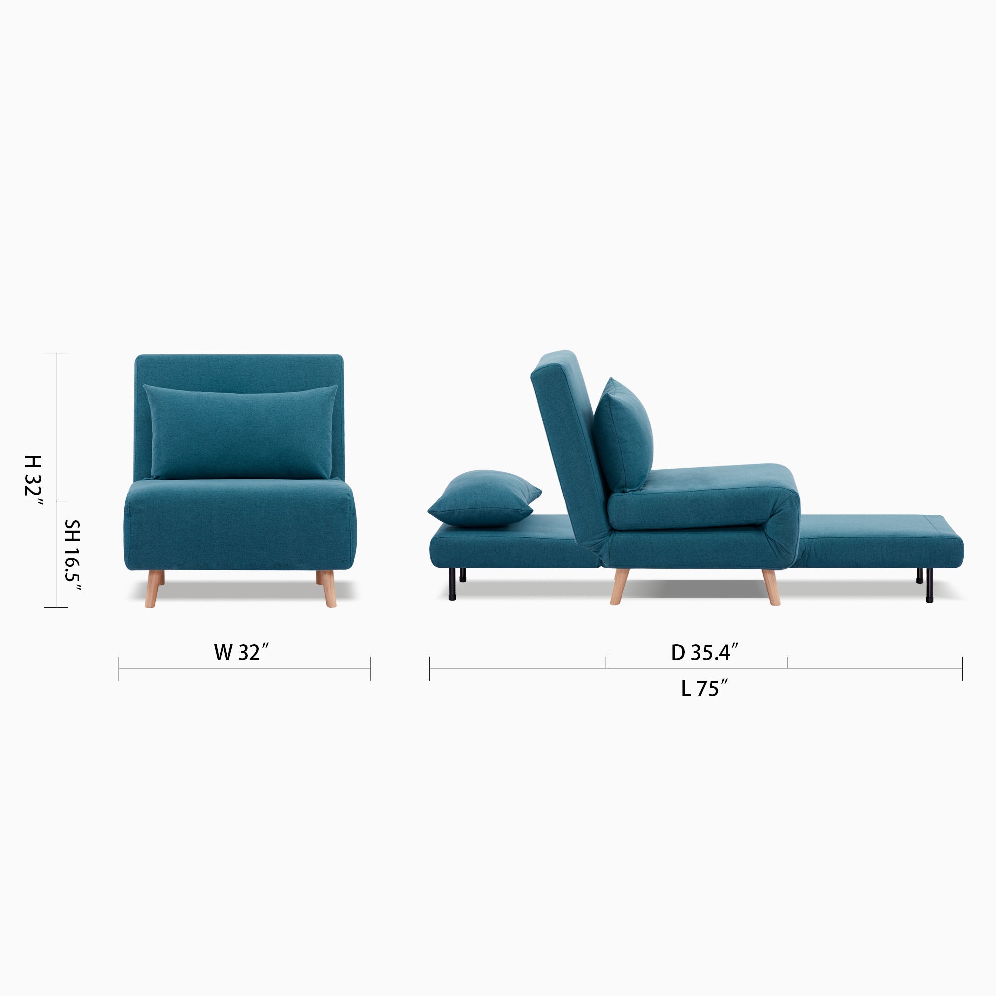 Tustin Convertible Chair in Peacock Blue shown in chair and bed configurations with a 32-inch width, 35.4-inch depth, 32-inch height, 16.5-inch seat height, and 75-inch bed length.
