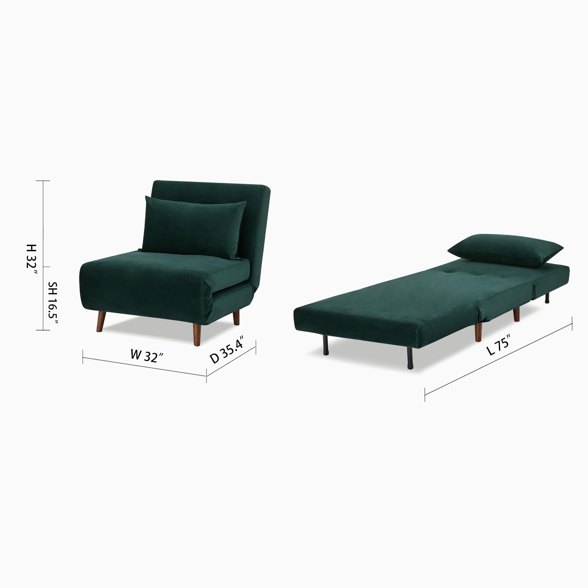Tustin Convertible Chair in Velvet Green shown in chair and bed configurations with a 32-inch width, 35.4-inch depth, 32-inch height, 16.5-inch seat height, and 75-inch bed length.
