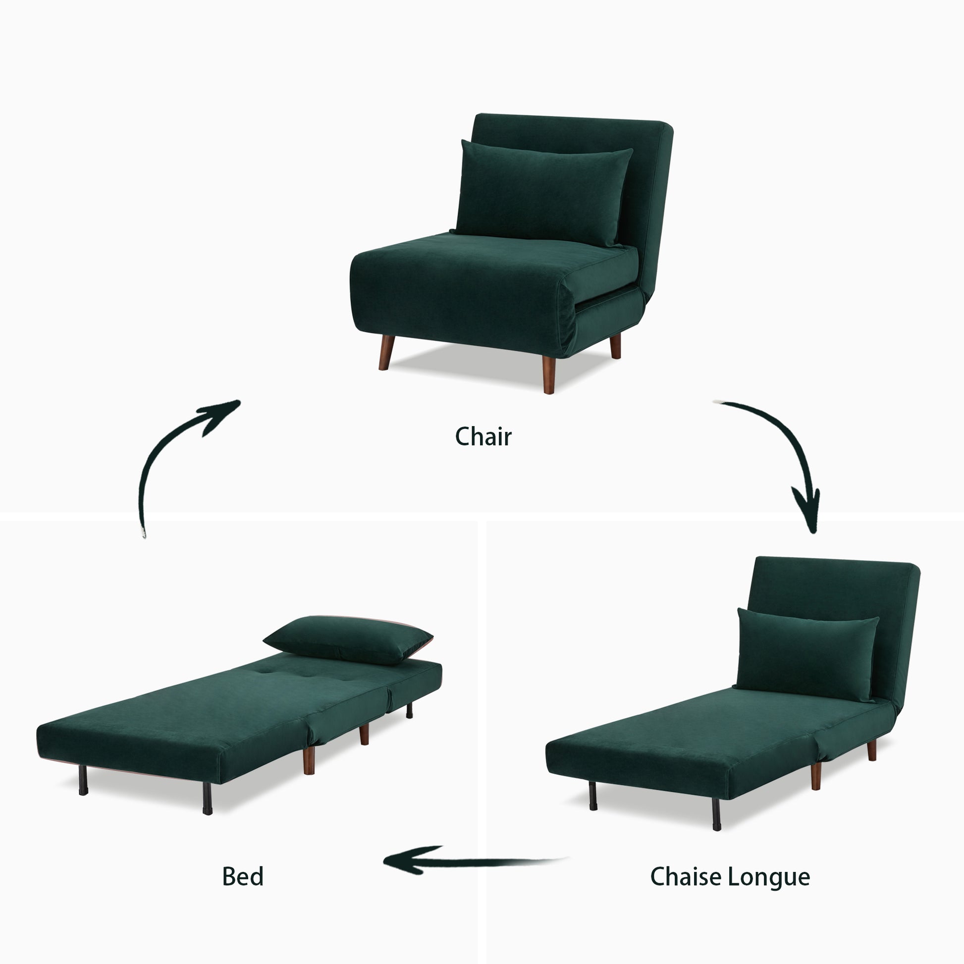 Tustin Convertible Chair in Velvet Green demonstrating its conversion between chair, chaise lounge, and flat bed positions with a matching lumbar pillow.
