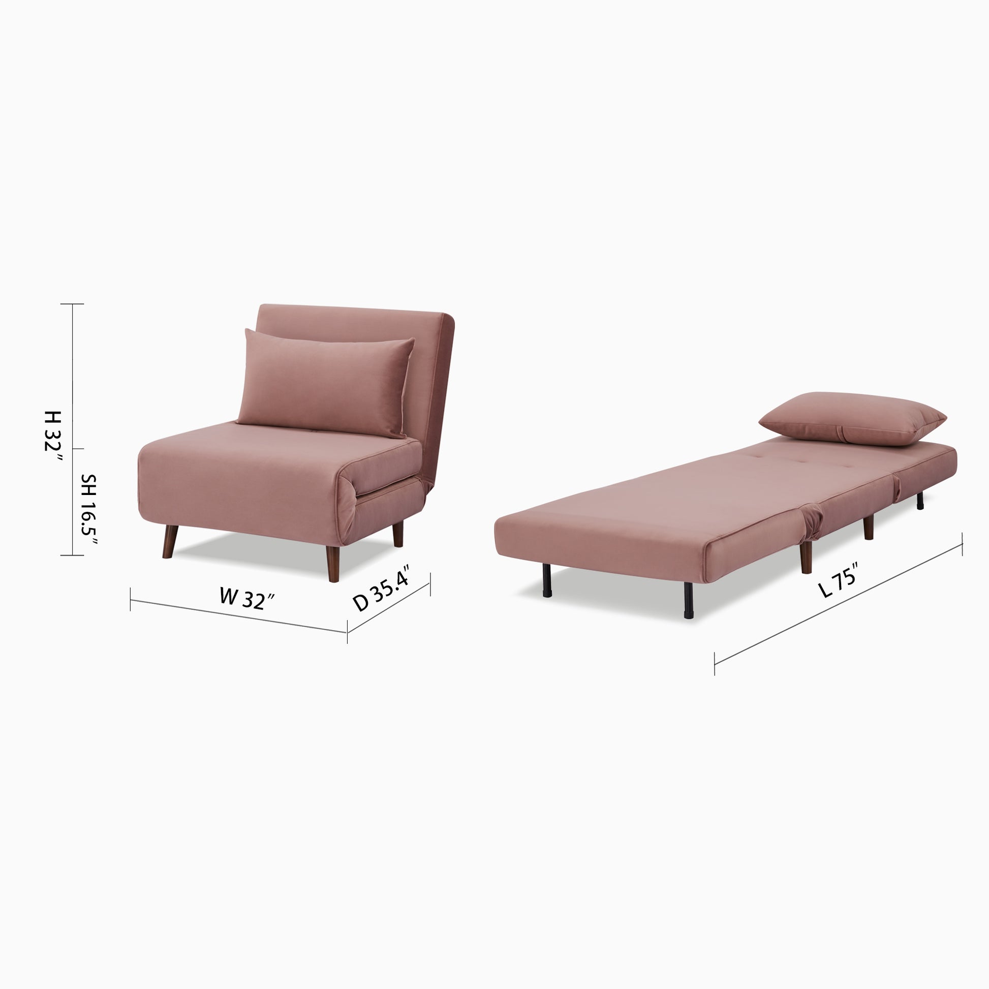 Tustin Convertible Chair in Velvet Blush shown in chair and bed configurations with a 32-inch width, 35.4-inch depth, 32-inch height, 16.5-inch seat height, and 75-inch bed length
