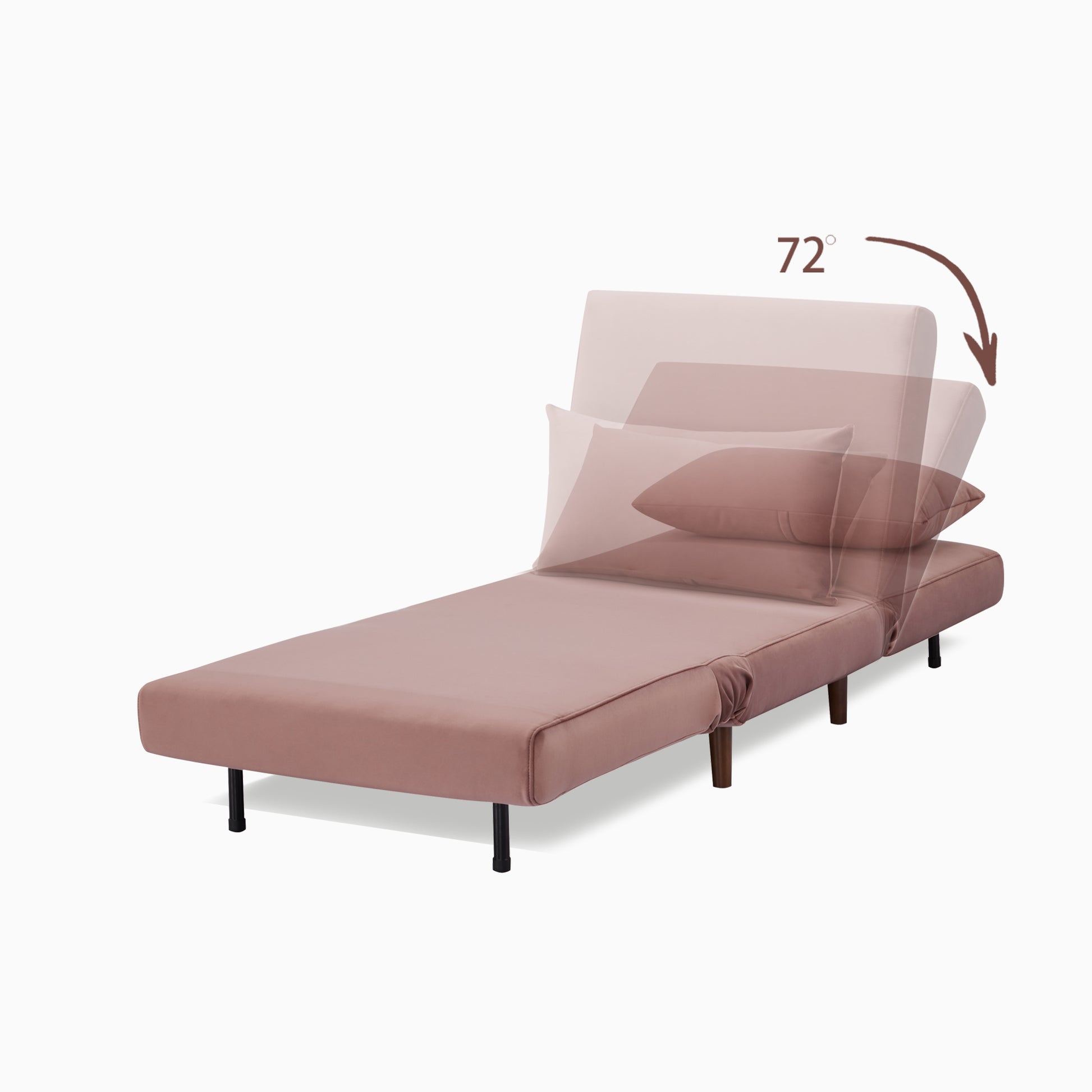 Tustin Convertible Chair in Velvet Blush shown in sleeper mode with a matching lumbar pillow and adjustable backrest reclining through a 72-degree range