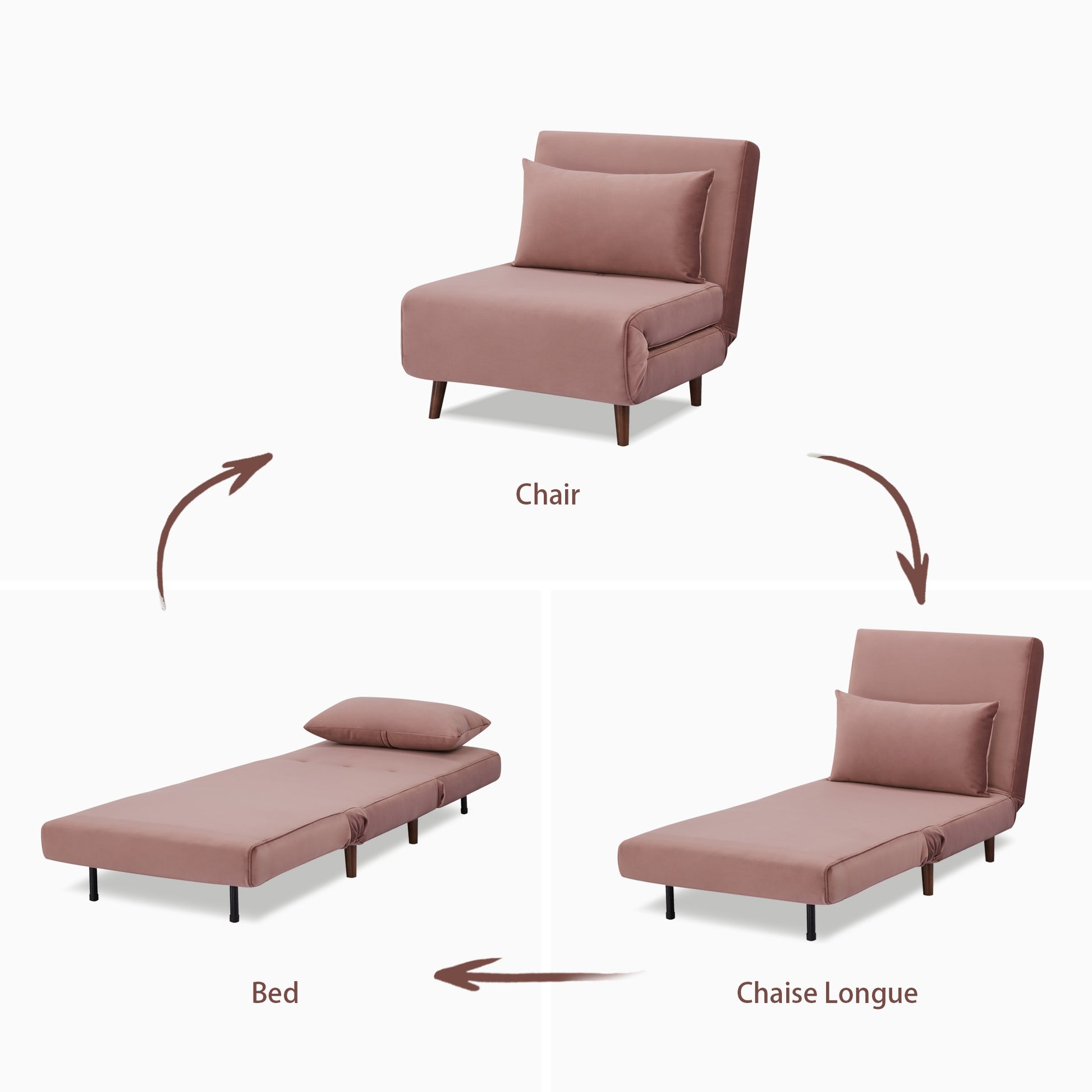 Tustin Convertible Chair in Velvet Blush demonstrating its conversion between chair, chaise lounge, and flat bed positions with a matching lumbar pillow
