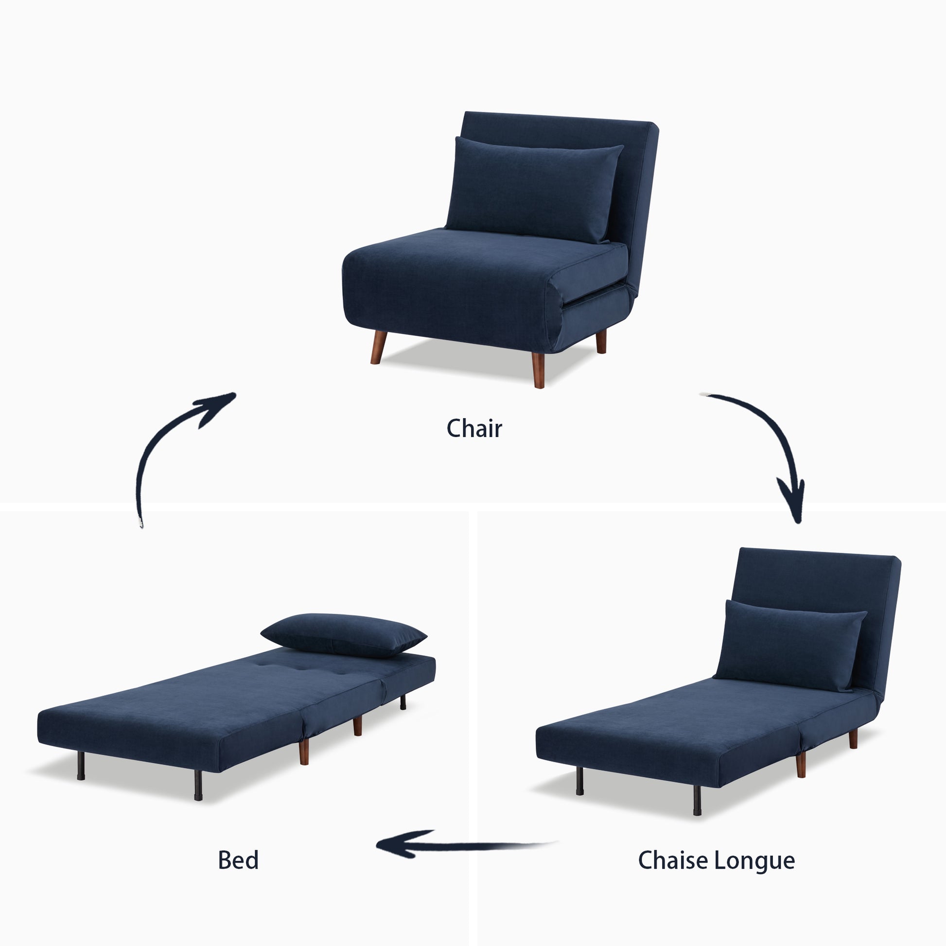 Tustin Convertible Chair in Velvet Blue demonstrating its conversion between chair, chaise lounge, and flat bed positions with a matching lumbar pillow.