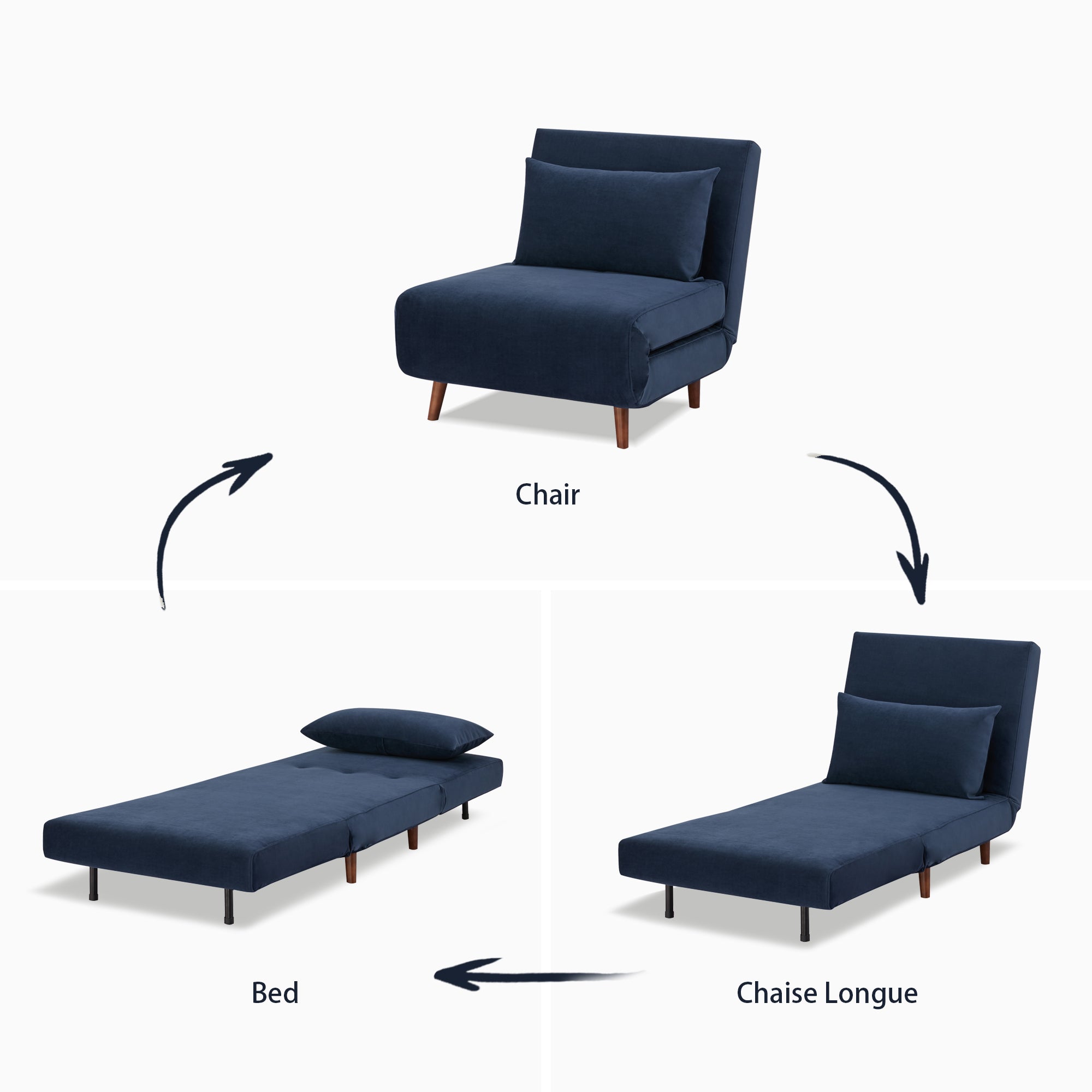 Tustin Convertible Chair in Velvet Blue demonstrating its conversion between chair, chaise lounge, and flat bed positions with a matching lumbar pillow.
