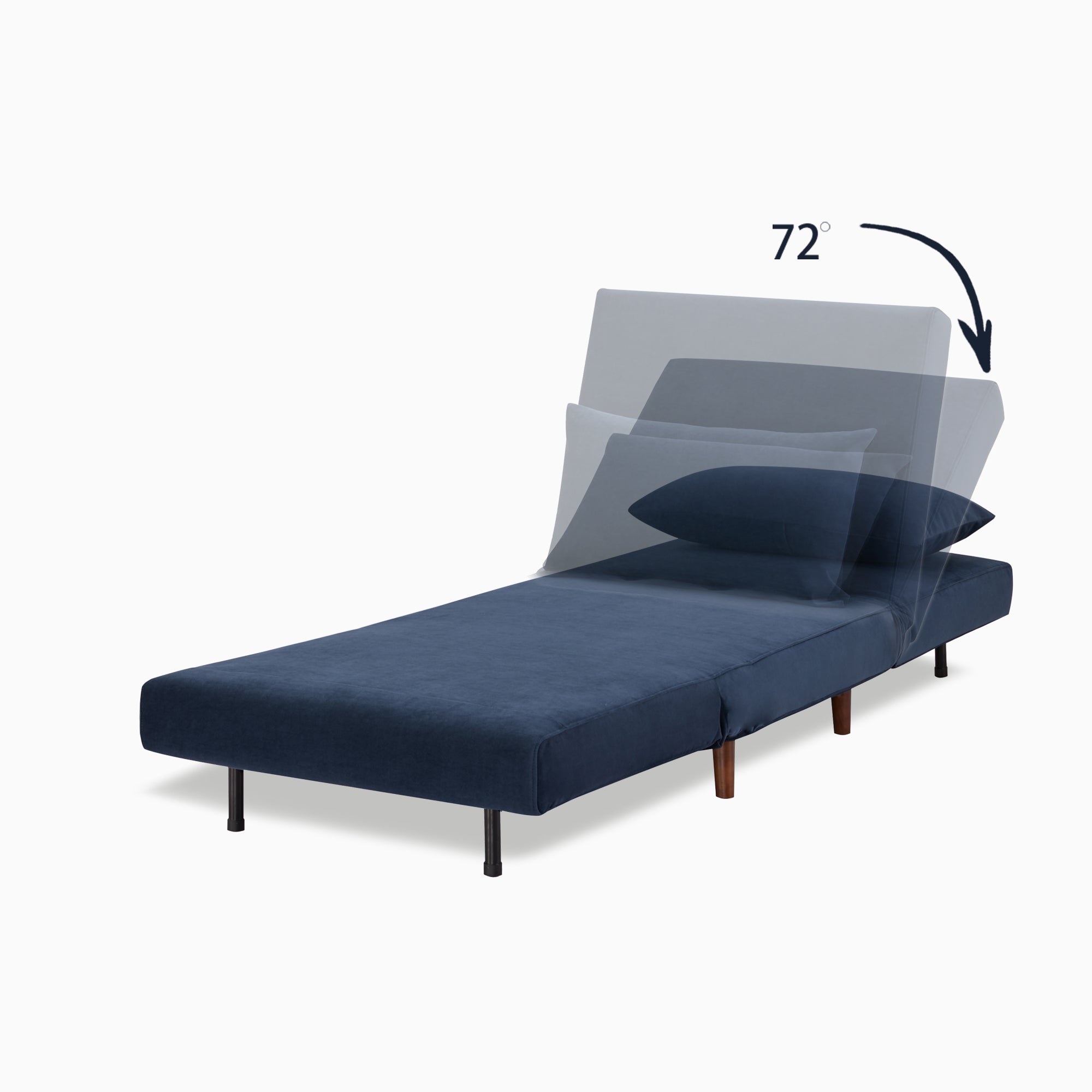 Tustin Convertible Chair in Velvet Blue shown in sleeper mode with a matching lumbar pillow and adjustable backrest reclining through a 72-degree range.