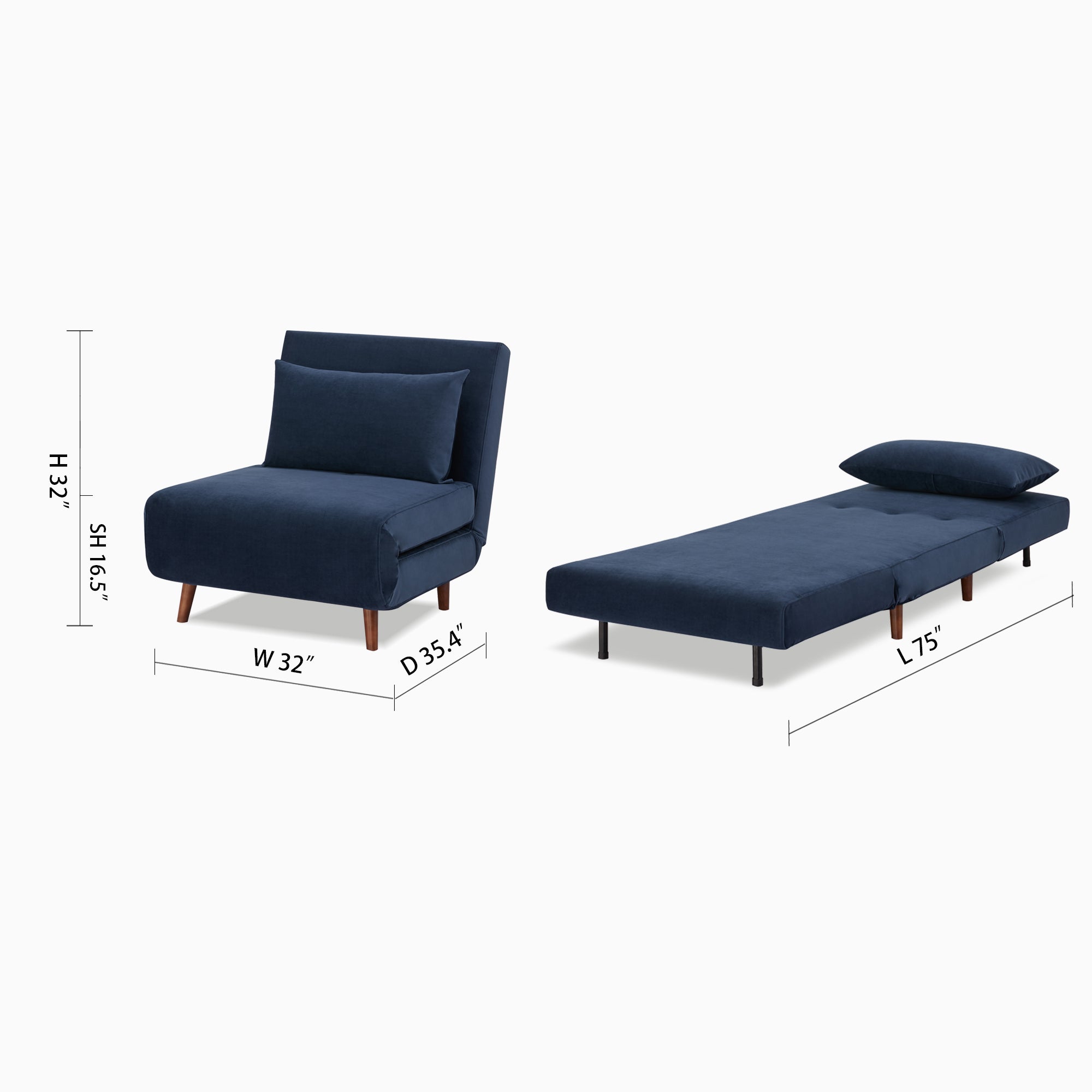 Tustin Convertible Chair in Velvet Blue shown in chair and bed configurations with a 32-inch width, 35.4-inch depth, 32-inch height, 16.5-inch seat height, and 75-inch bed length.