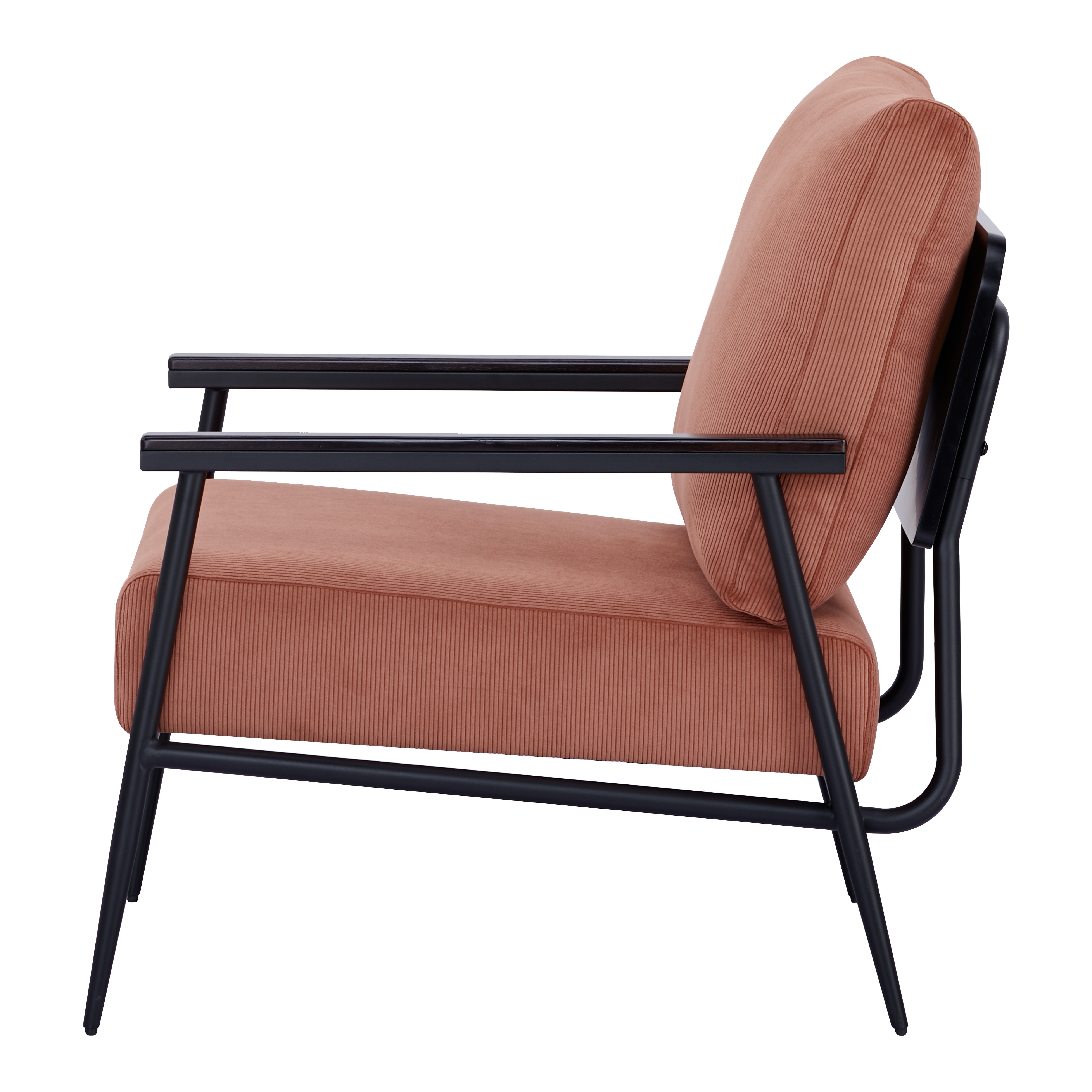 Parker Accent Chair in Corduroy Orange shown from the side with an angled back cushion, deep upholstered seat, straight armrests, and curved black frame