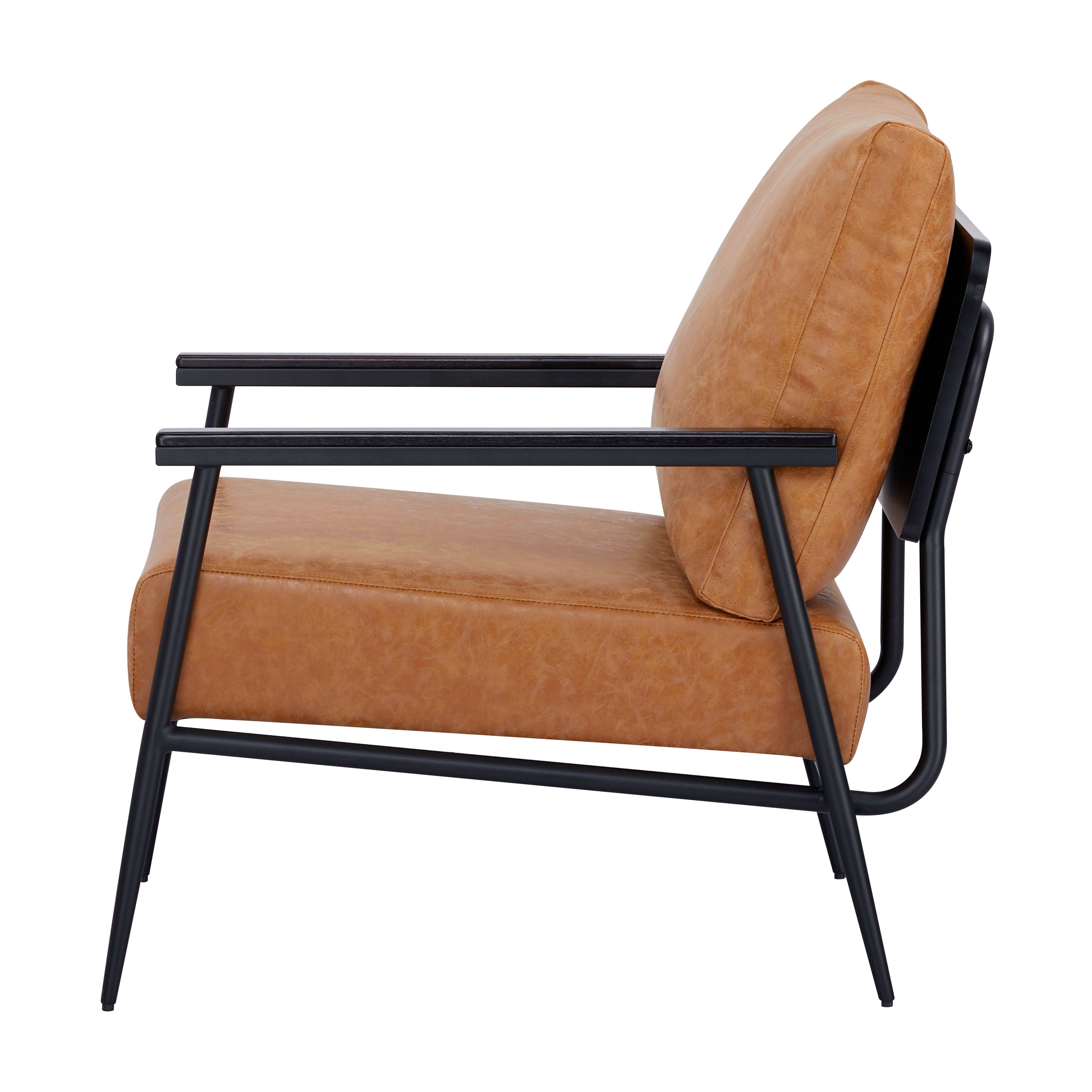 Parker Accent Chair in Faux Leather Camel shown from the side with an angled back cushion, deep upholstered seat, straight armrests, and curved black frame
