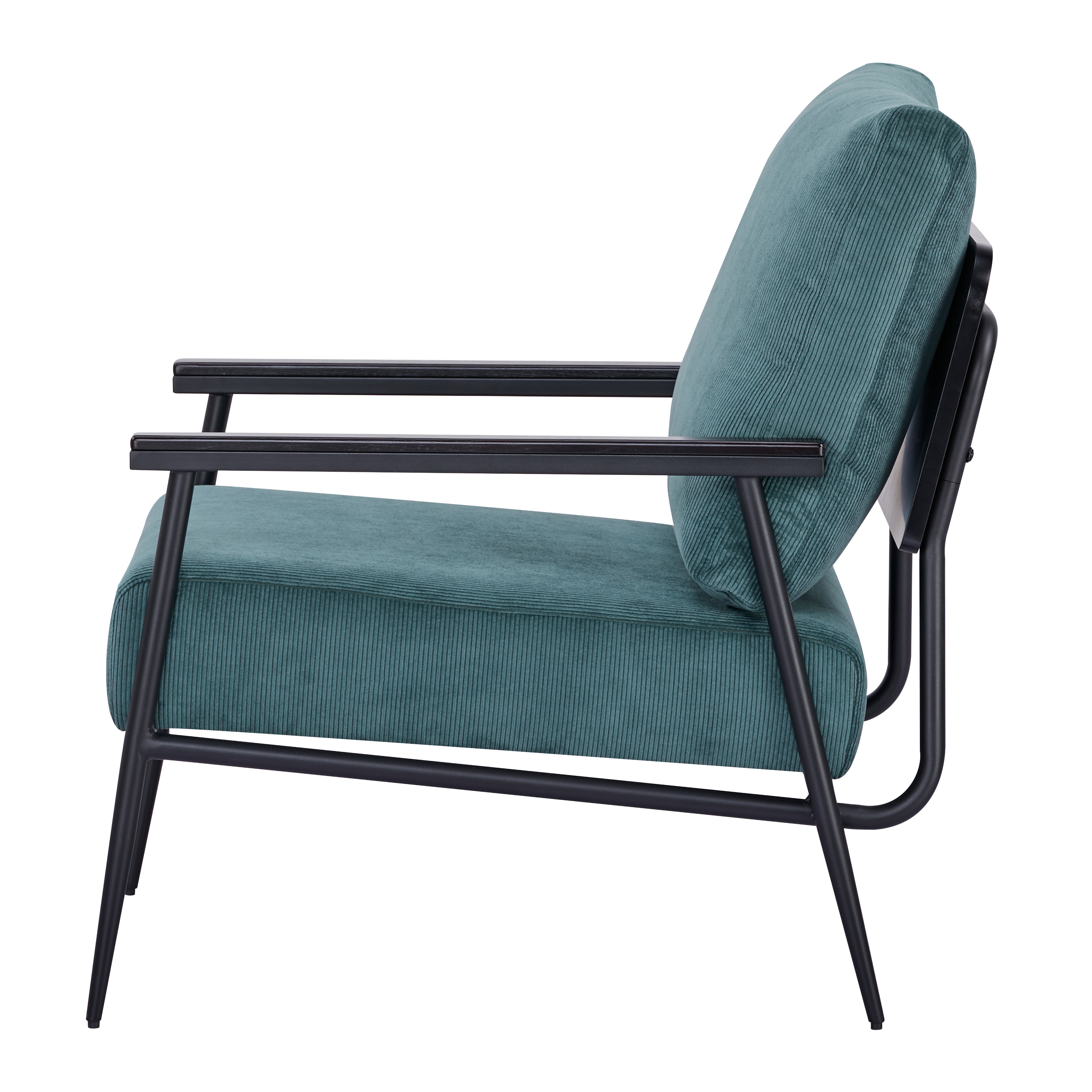 Parker Accent Chair in Corduroy Green shown from the side with an angled back cushion, deep upholstered seat, straight armrests, and curved black frame
