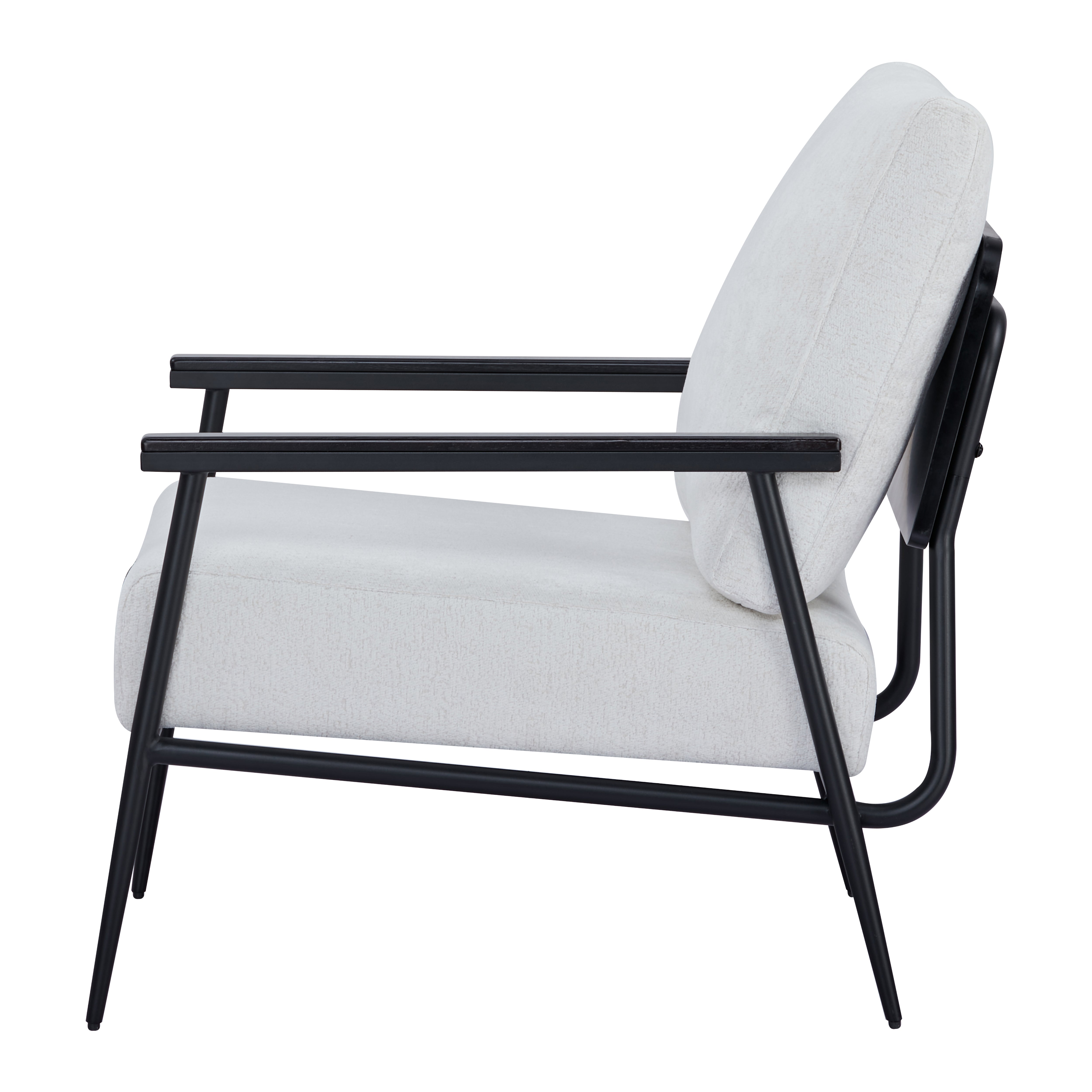 Parker Accent Chair in Sherpa Ivory shown from the side, displaying its angled cushioned backrest, deep upholstered seat, open arms, and black frame
