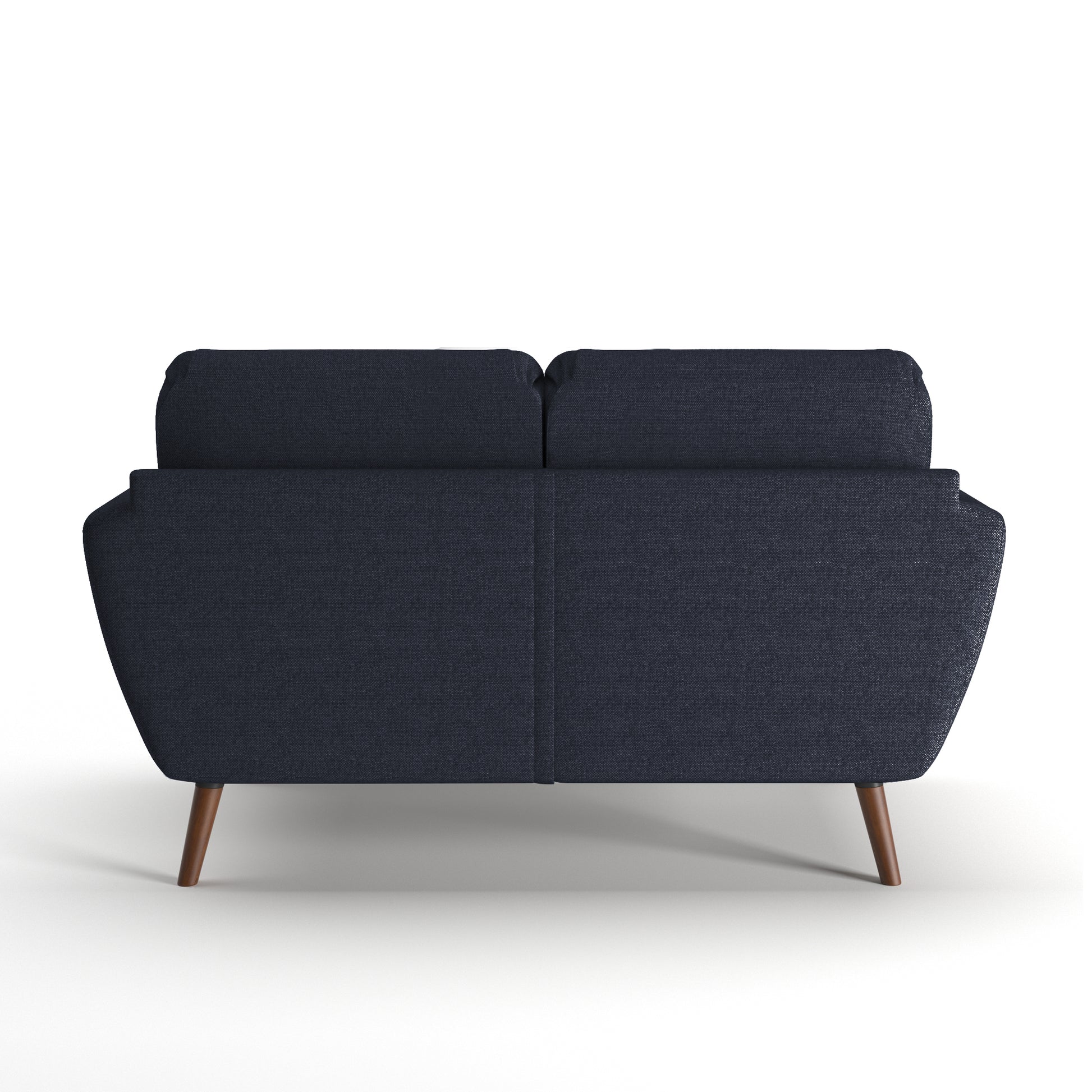 Oakland Loveseat in Navy Blue shown from the back with a broad upholstered panel, center seam, two visible back cushions, curved sides, and angled brown legs