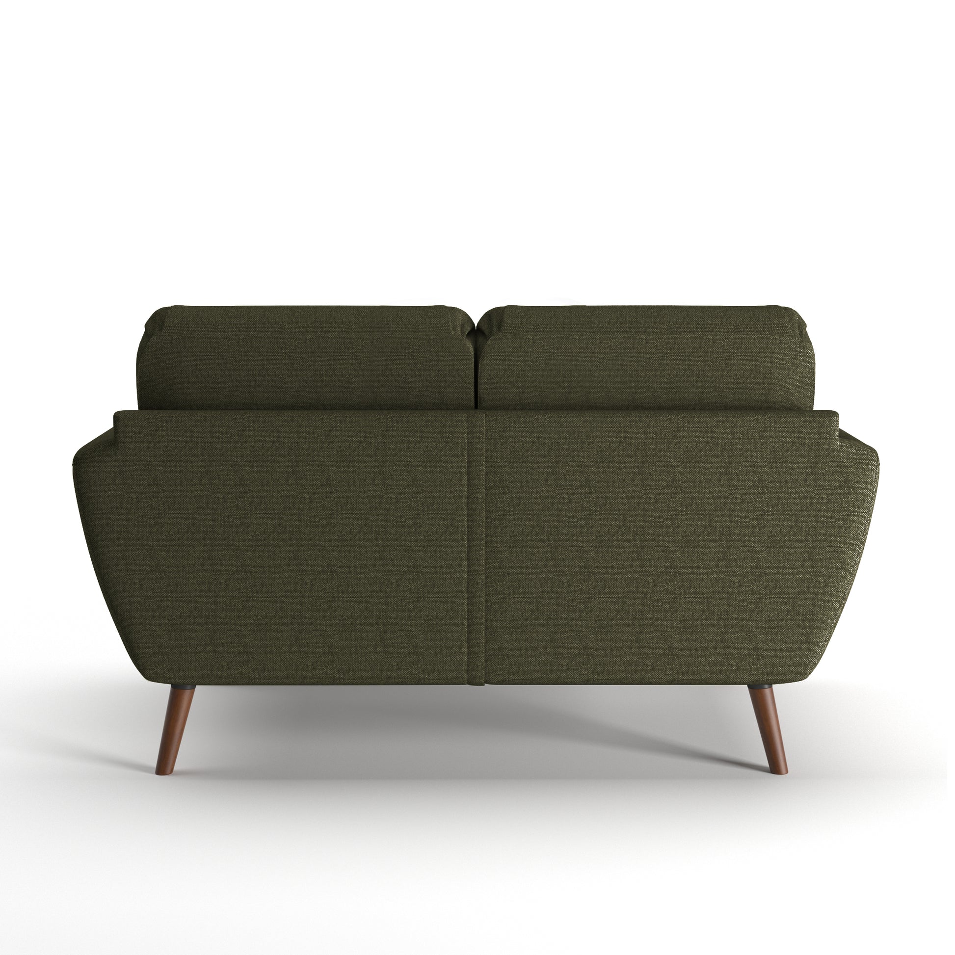 Oakland Loveseat in Olive Green shown from the back with a broad upholstered panel, center seam, two visible back cushions, curved sides, and angled brown legs