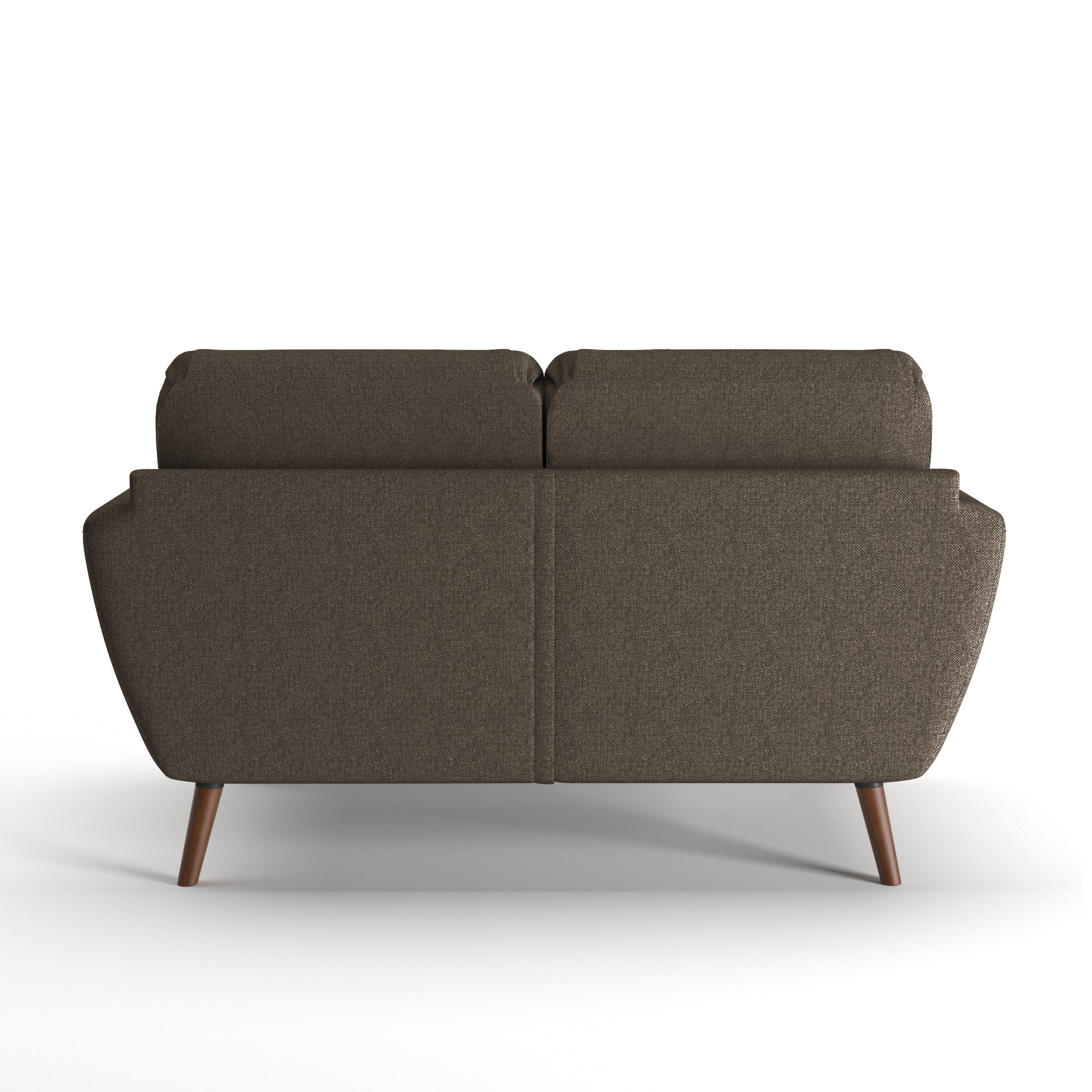 Oakland Loveseat in Driftwood Brown shown from the back with a broad upholstered panel, center seam, two visible back cushions, curved sides, and angled brown legs