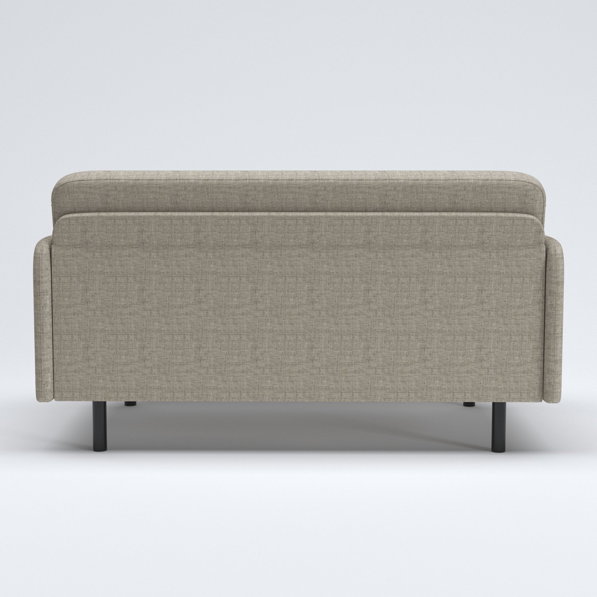 Metro Loveseat in Cloud Gray shown from the back with a broad upholstered rear panel, rounded backrest edge, narrow side panels, and black cylindrical legs.