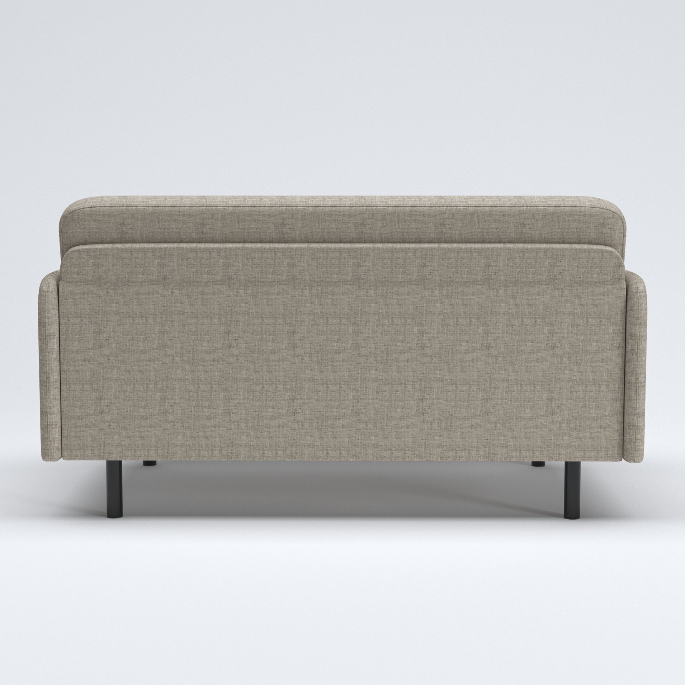 Metro Loveseat in Cloud Gray shown from the back with a broad upholstered rear panel, rounded backrest edge, narrow side panels, and black cylindrical legs.