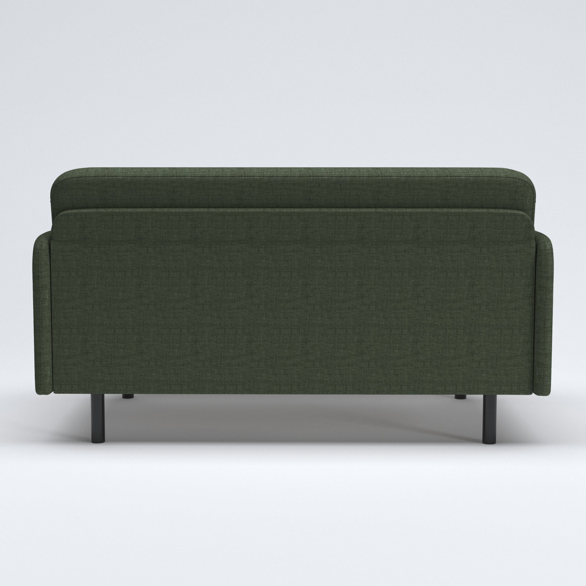 Metro Loveseat in Olive Green shown from the back with a broad upholstered panel, softly rounded backrest, slim side panels, and black cylindrical legs