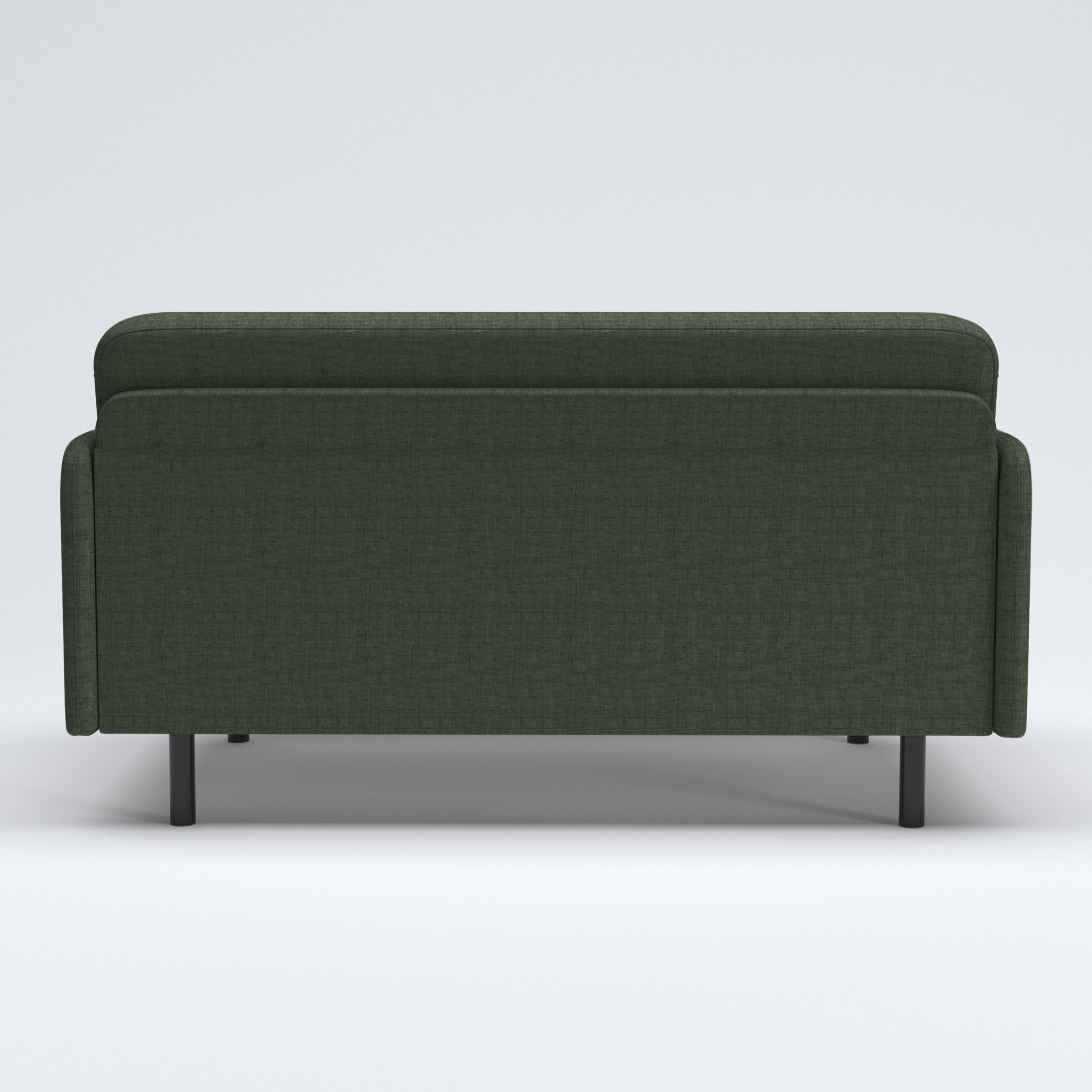 Metro Loveseat in Olive Green shown from the back with a broad upholstered panel, softly rounded backrest, slim side panels, and black cylindrical legs