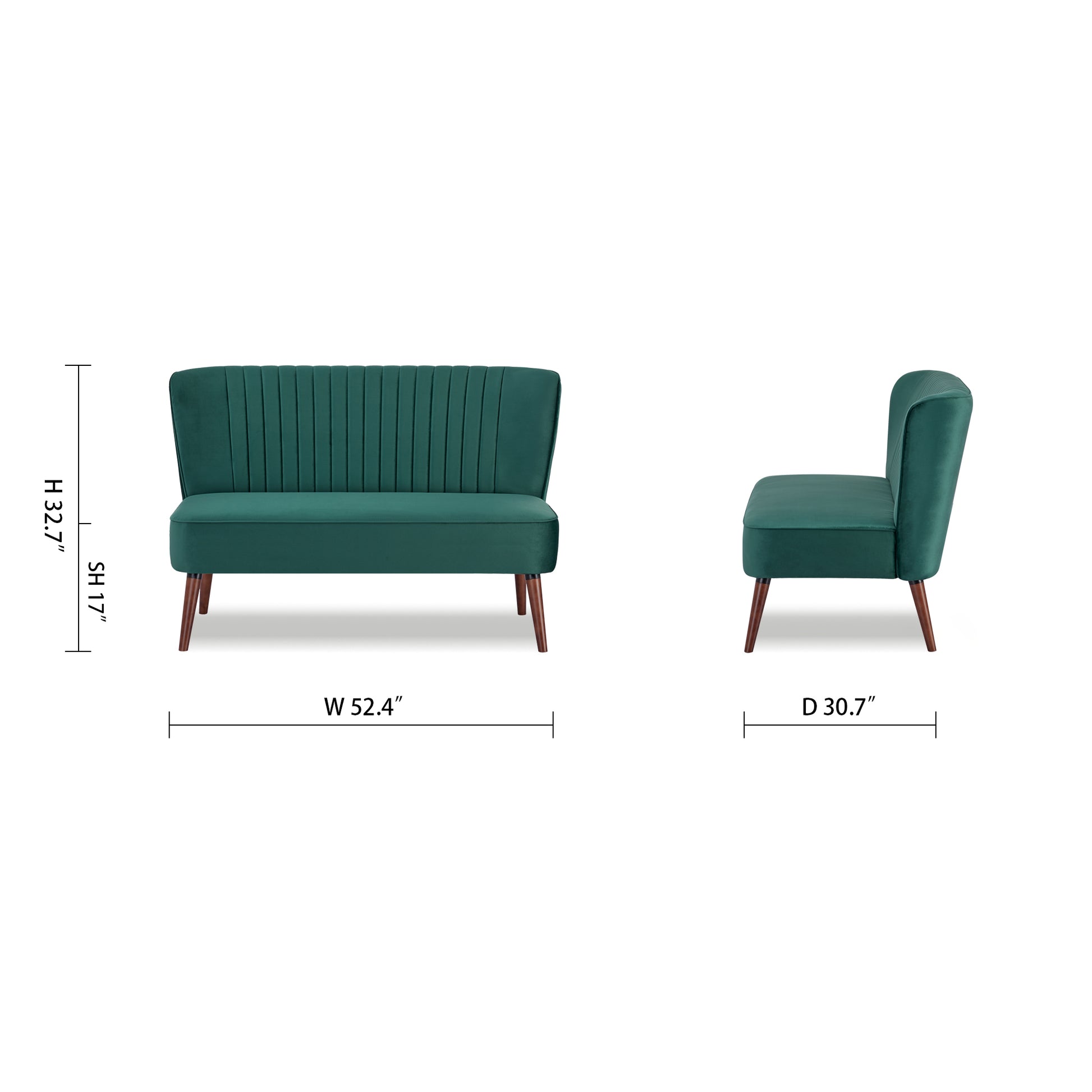 Hollywood Loveseat in Velvet Green shown with a 52.4-inch width, 30.7-inch depth, 32.7-inch overall height, and 17-inch seat height