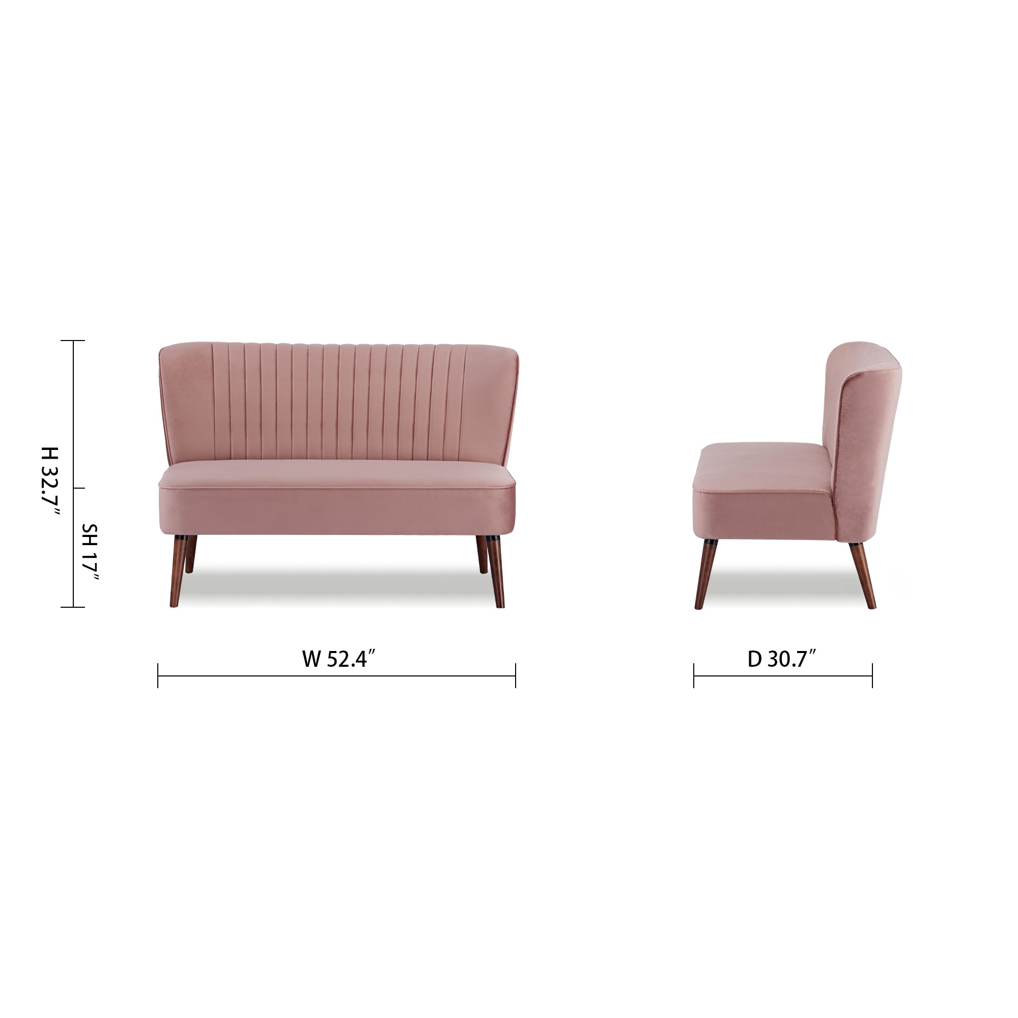 Hollywood Loveseat in Velvet Blush shown with a 52.4-inch width, 30.7-inch depth, 32.7-inch overall height, and 17-inch seat height