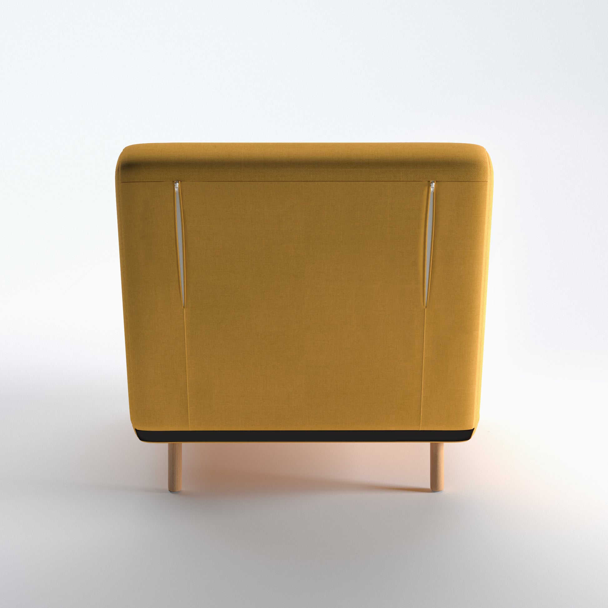 Tustin Convertible Chair in Mustard shown from the rear with a fully upholstered back panel, two vertical zipper details, and natural wood legs.