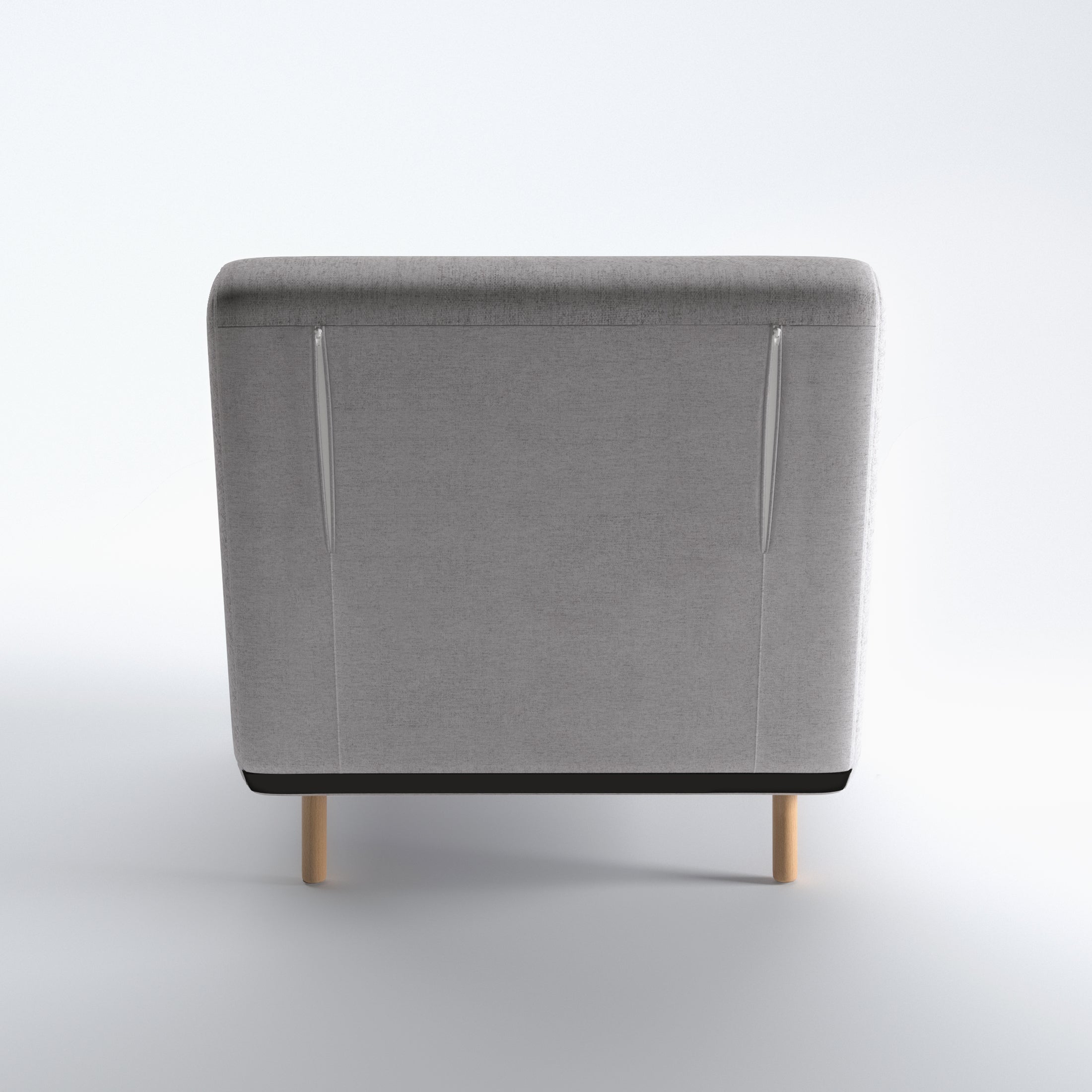 Tustin Convertible Chair in Moonlight shown from the rear with a fully upholstered back panel, two vertical zipper details, and natural wood legs