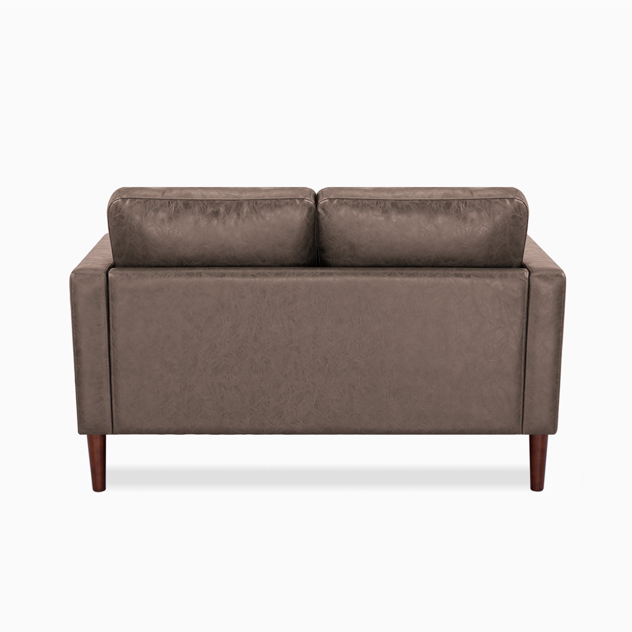 Orlando Loveseat in Faux Leather Brown shown from the rear, displaying a clean upholstered back panel, squared arms, two back cushions, and tapered legs.