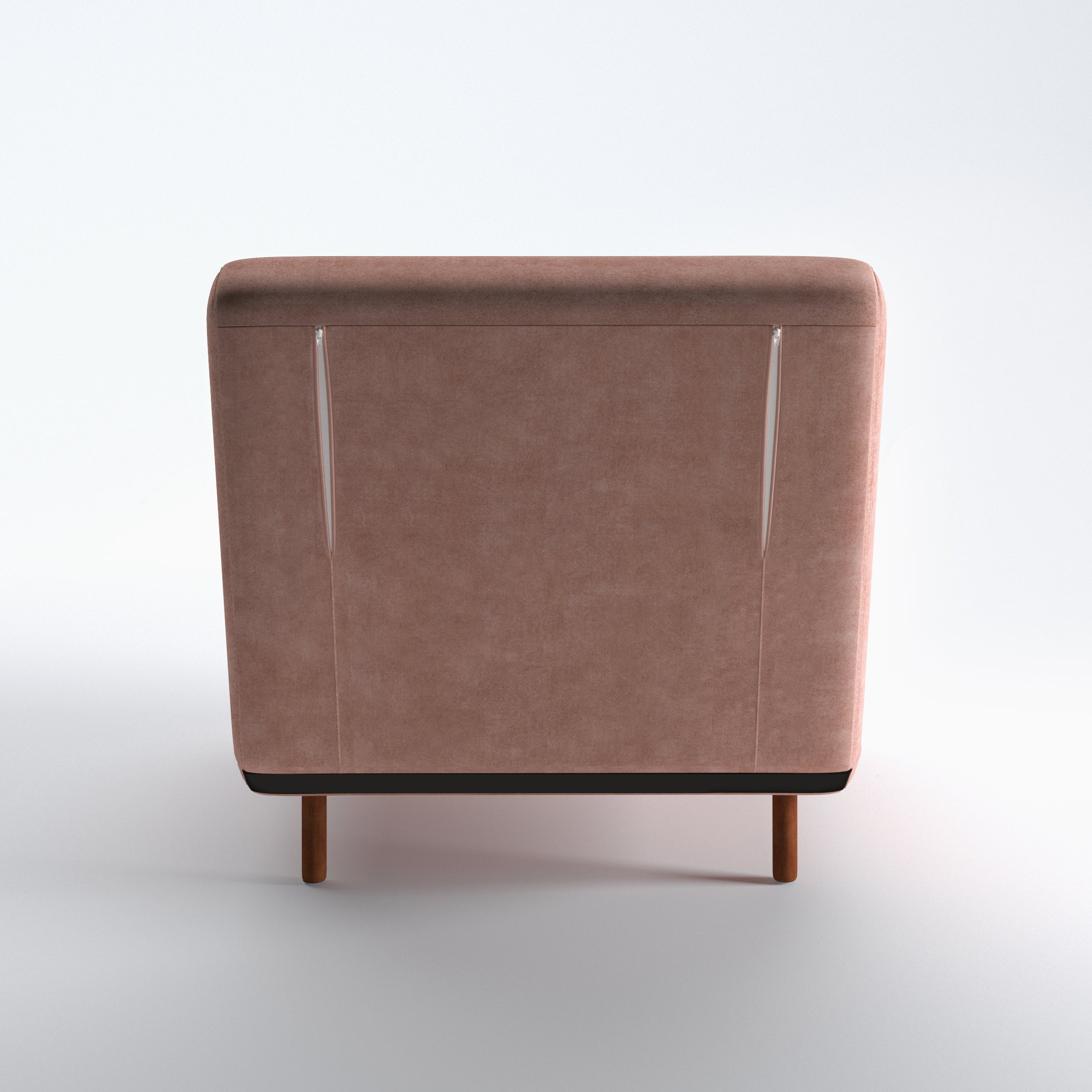 Tustin Convertible Chair in Velvet Blush shown from the rear with a fully upholstered back panel, two vertical zipper details, and dark brown wood legs